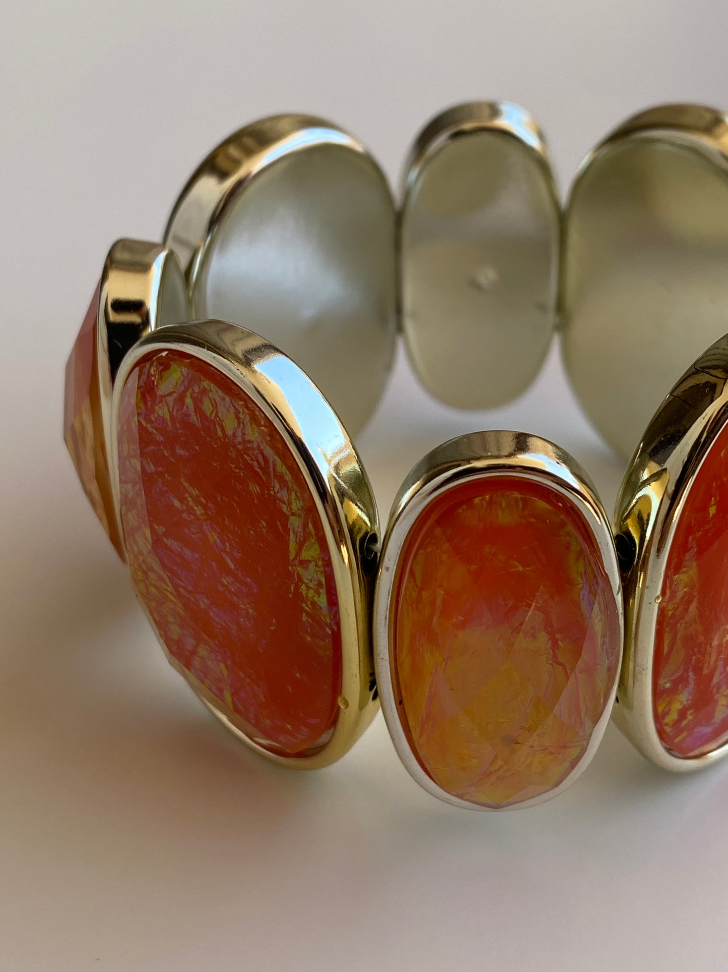 Vintage Orange Lucite Cabochon Silver-Tone Elastic Statement Bracelet