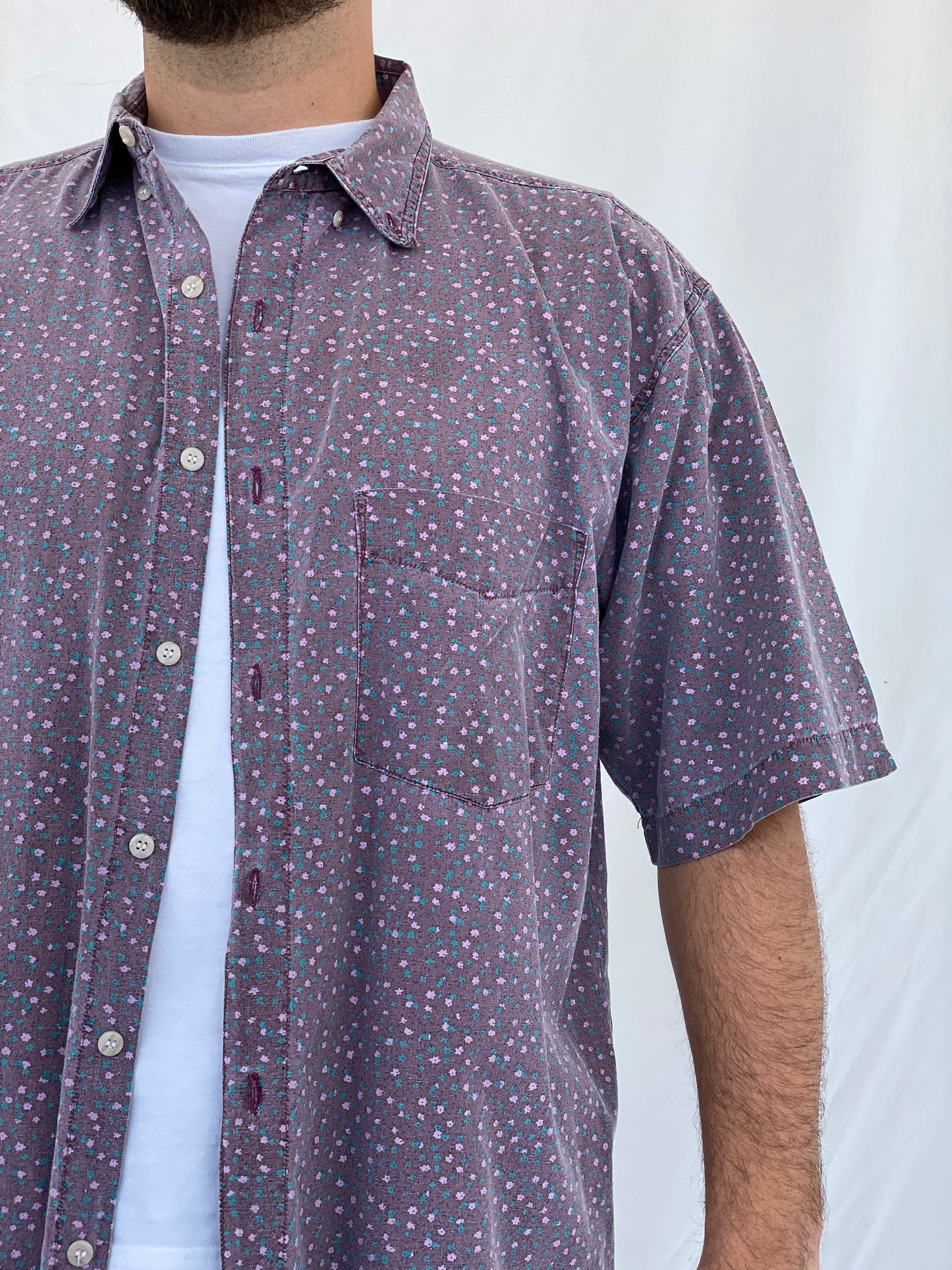 Vintage Shah Safari Floral Short Sleeve Purple Cotton Shirt - L