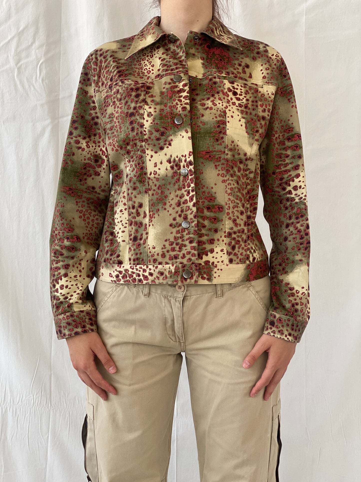 Vintage August Silk Logic Beige Red Animal Print Light Cotton Jacket - M