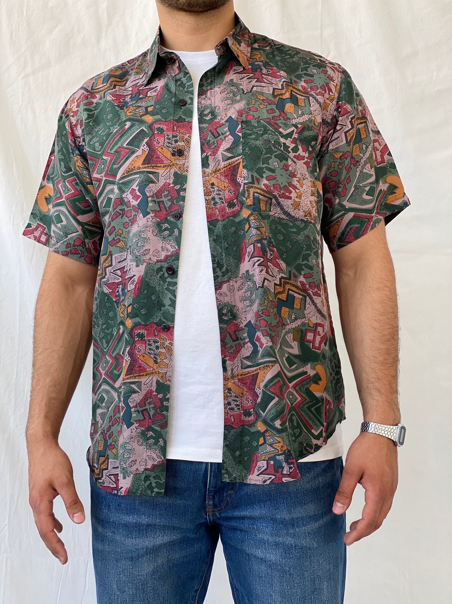 Vintage Shizhuang Abstract Men’s Short Sleeve Green Geometric Shirt - L