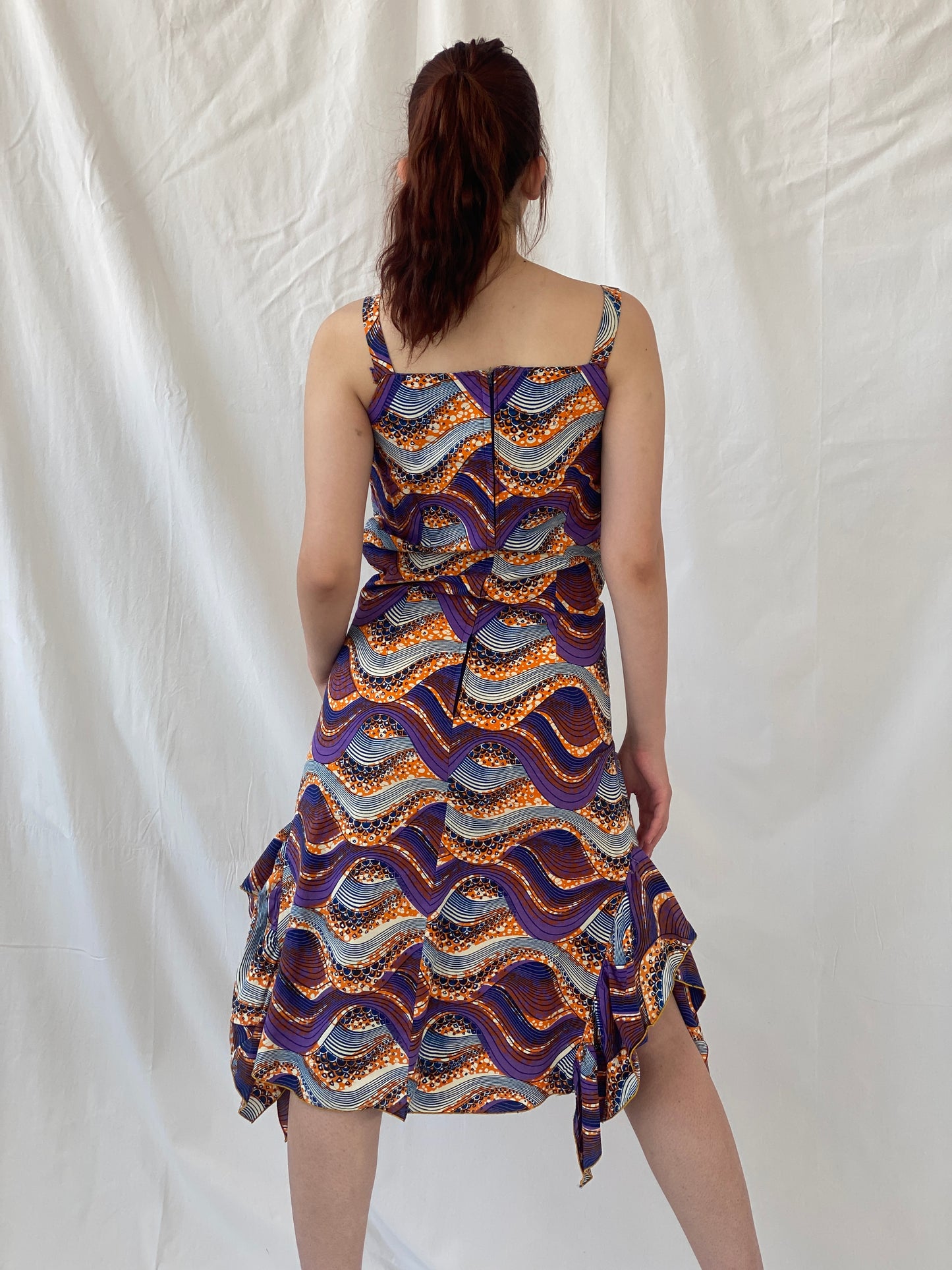Vintage Handmade Ethnic African Print Purple Orange Midi Sleeveless Dress with Matching Bolero - S
