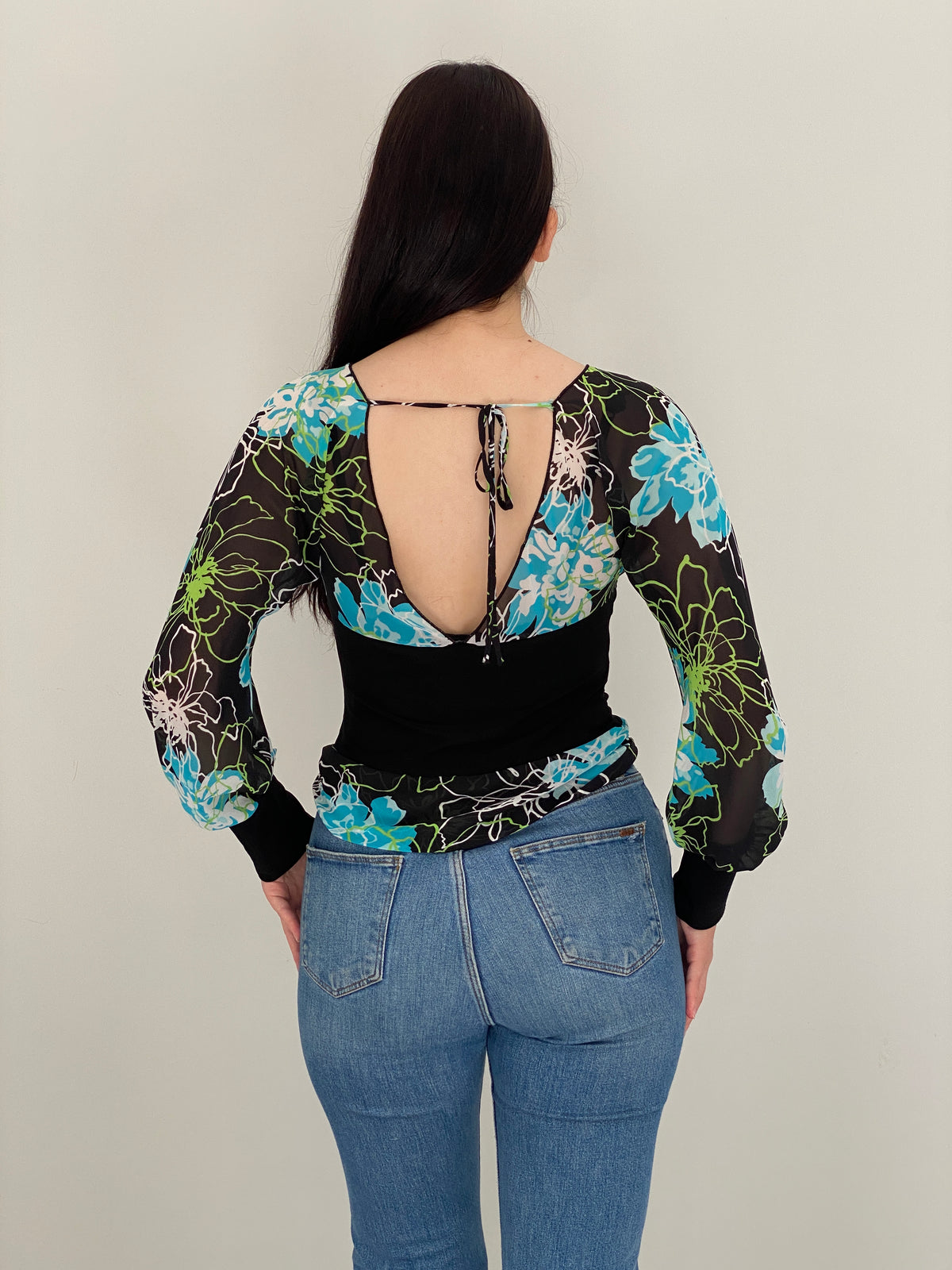 Vintage Y2K Co-me Como Black Floral Sheer Wrap Tie Top - M