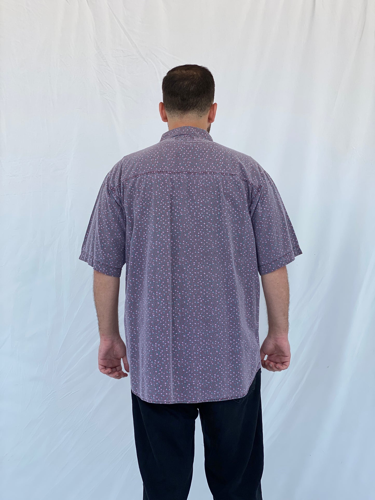 Vintage Shah Safari Floral Short Sleeve Purple Cotton Shirt - L