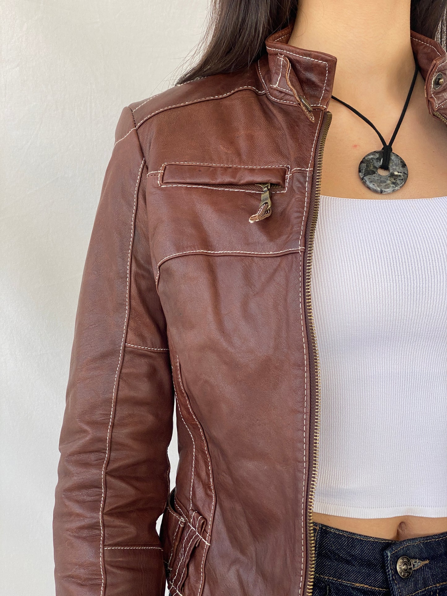 Vintage 90s Hypnotic Brown Genuine Leather Biker Jacket - XS