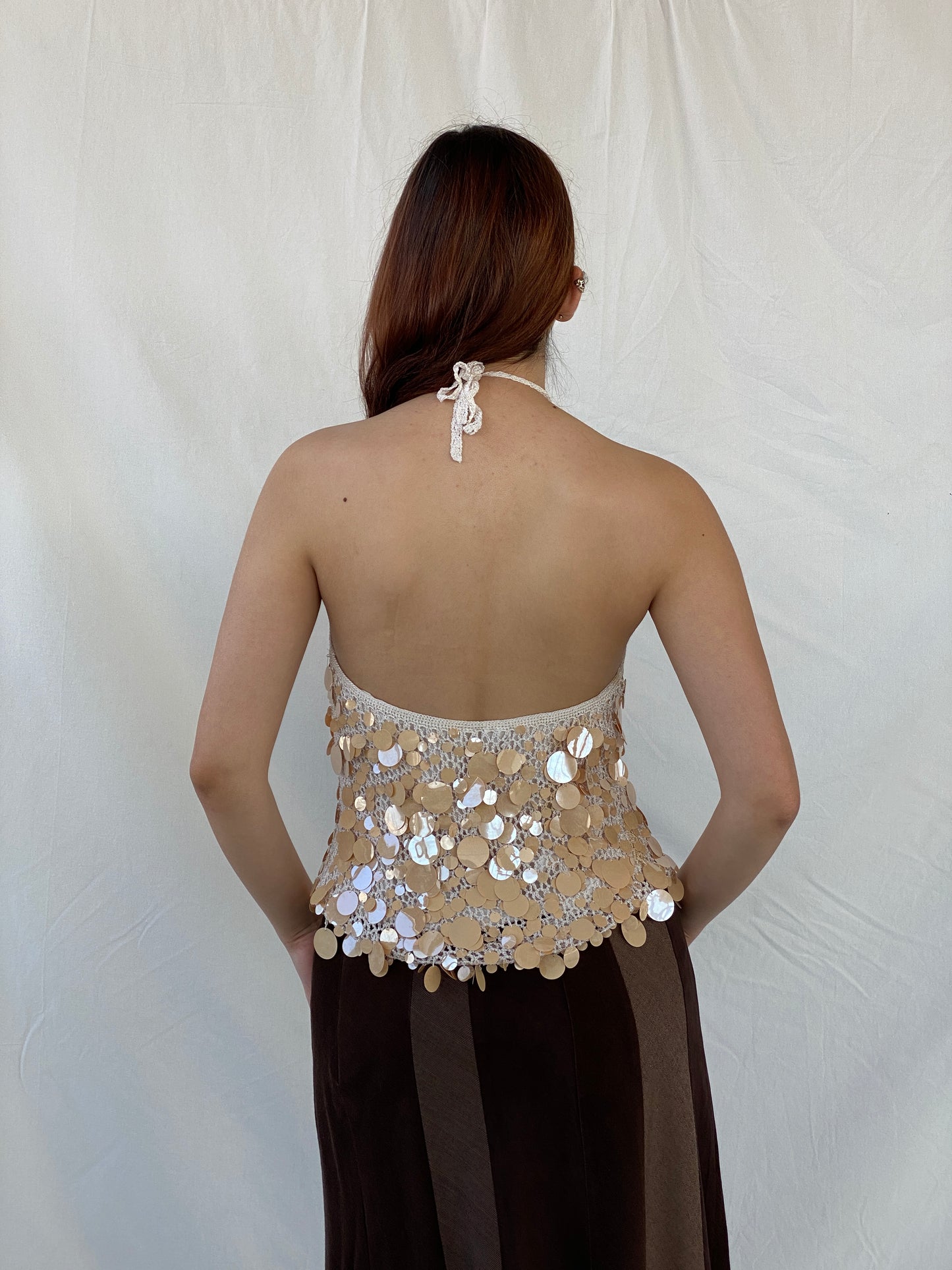 Y2K Sequin Disc Crochet Pearl Women’s Party Halter Top - M