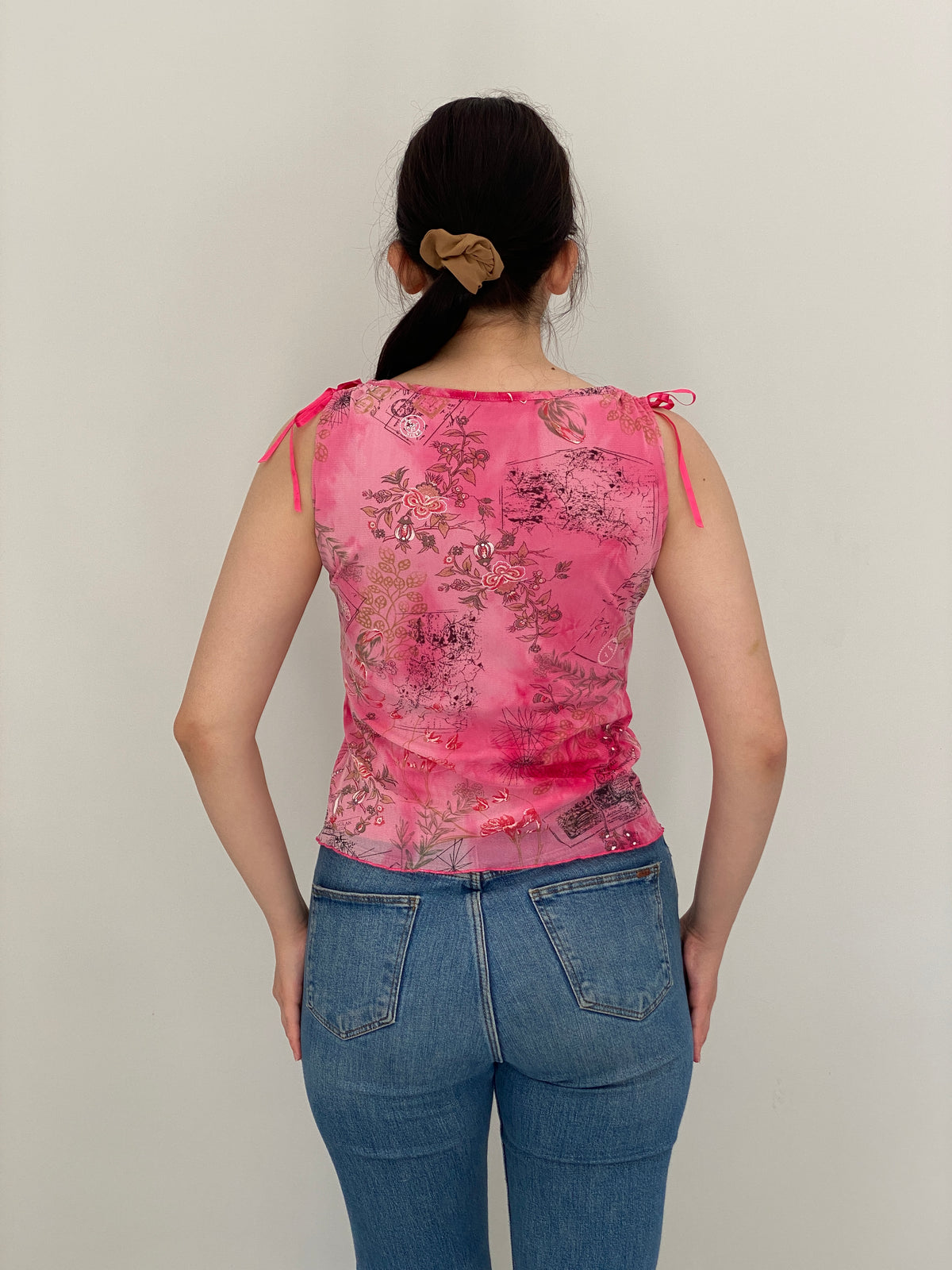 Y2K Pink Floral Mesh Graphic Tie Shoulder Top – S
