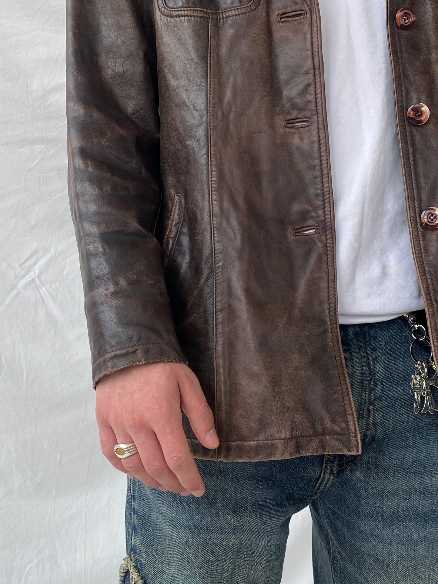 Vintage Saki Leather Brown Genuine Leather Buttoned Blazer Coat - M