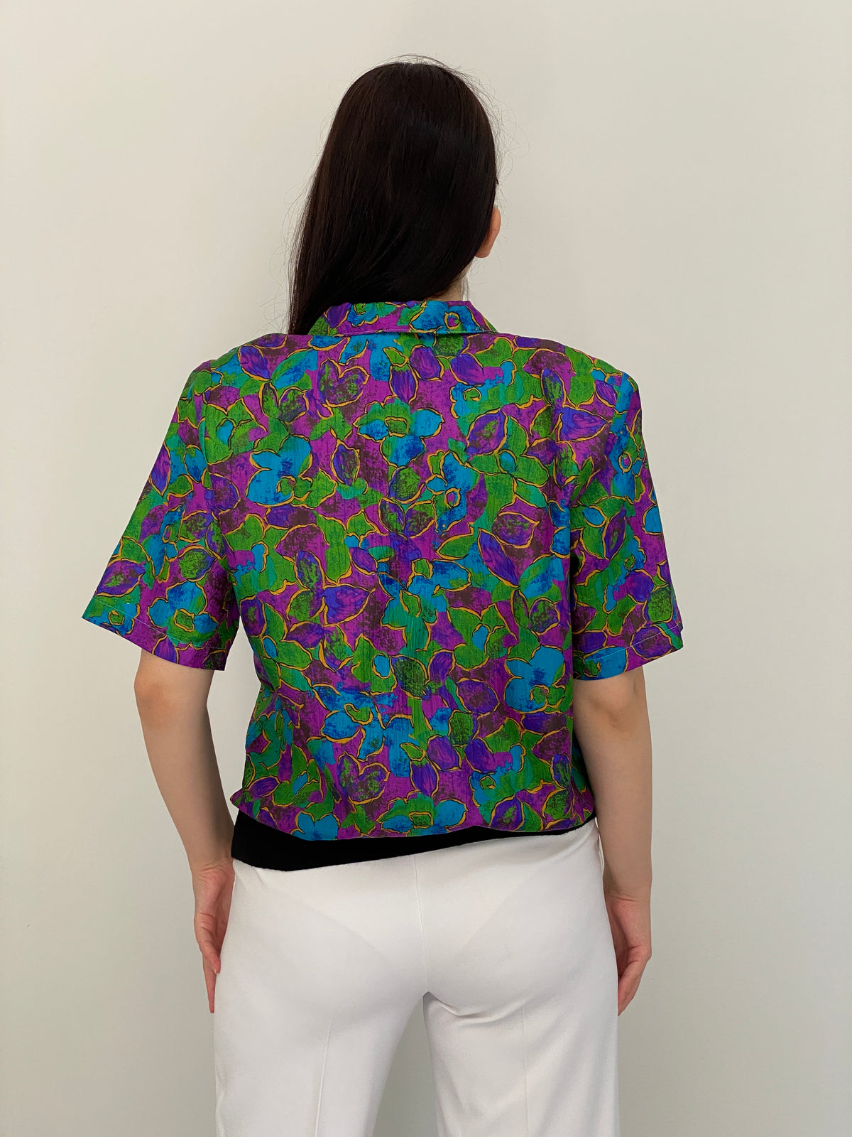 Vintage 80s Gianna Jewel Tone Floral Print Short Sleeve Blouse - M