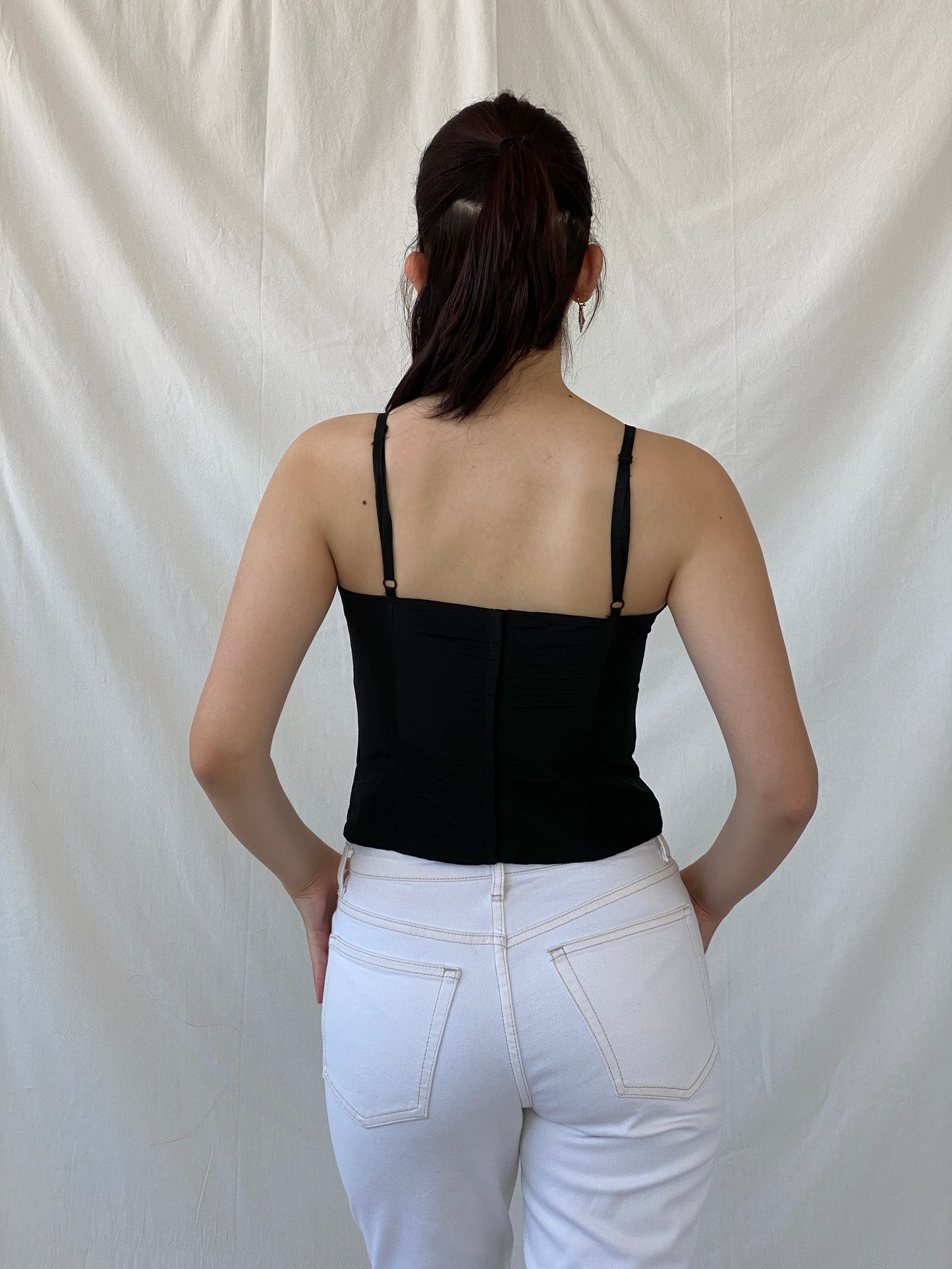 Vintage Display Black Cami Top Formal Ruched Camisole with Clasp Closure - S