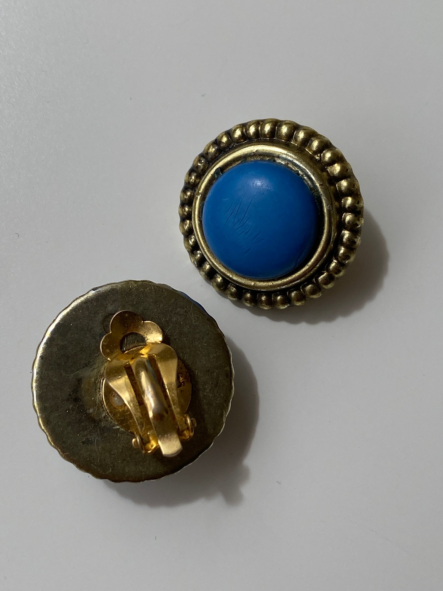 Vintage Blue Cabochon & Antiqued Brass Beaded Rim Clip-On Earrings