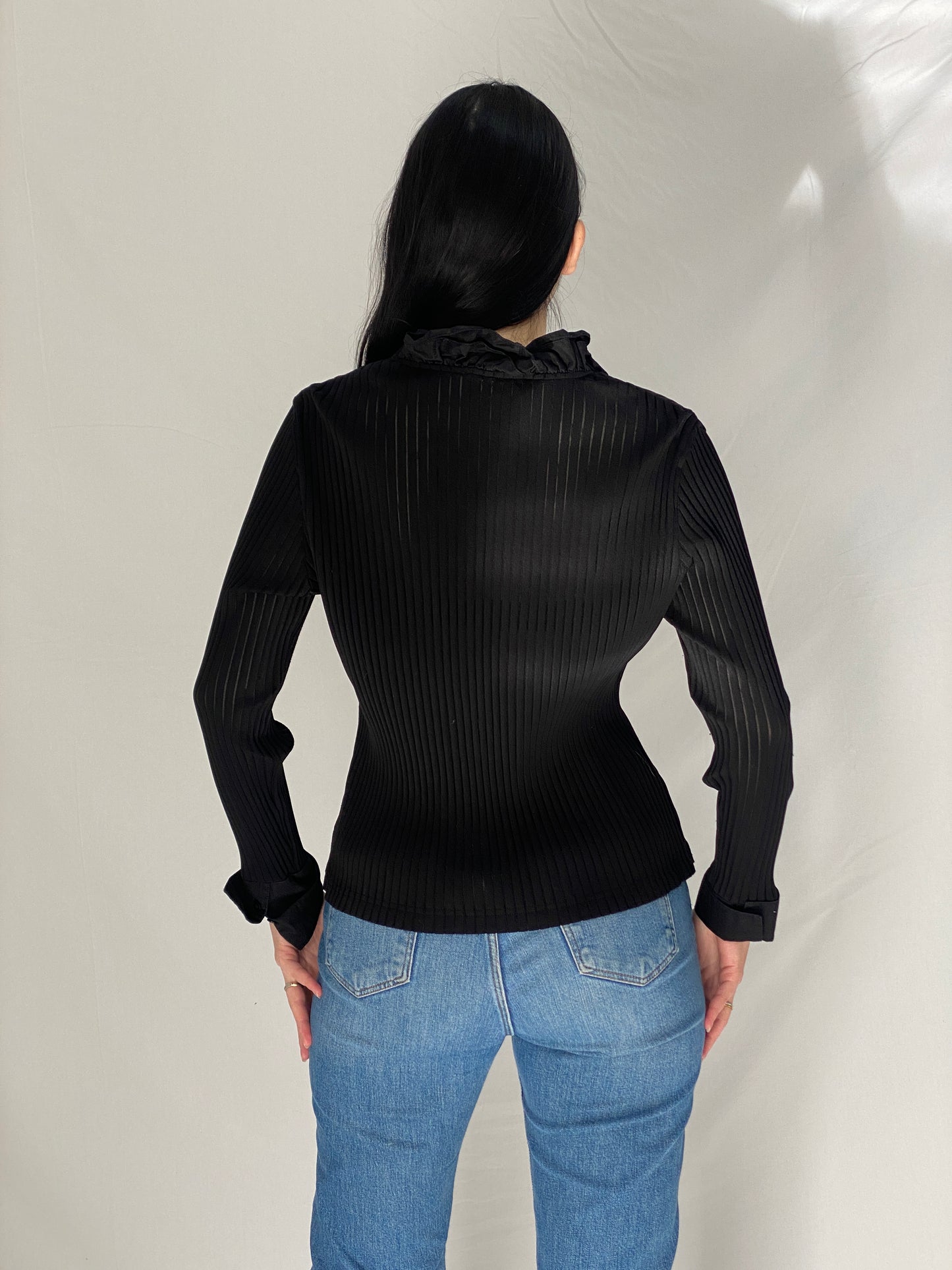 Y2K Taifun Black Ruffle Button-Up Cardigan Shirt Pleated Fitted Blouse - L