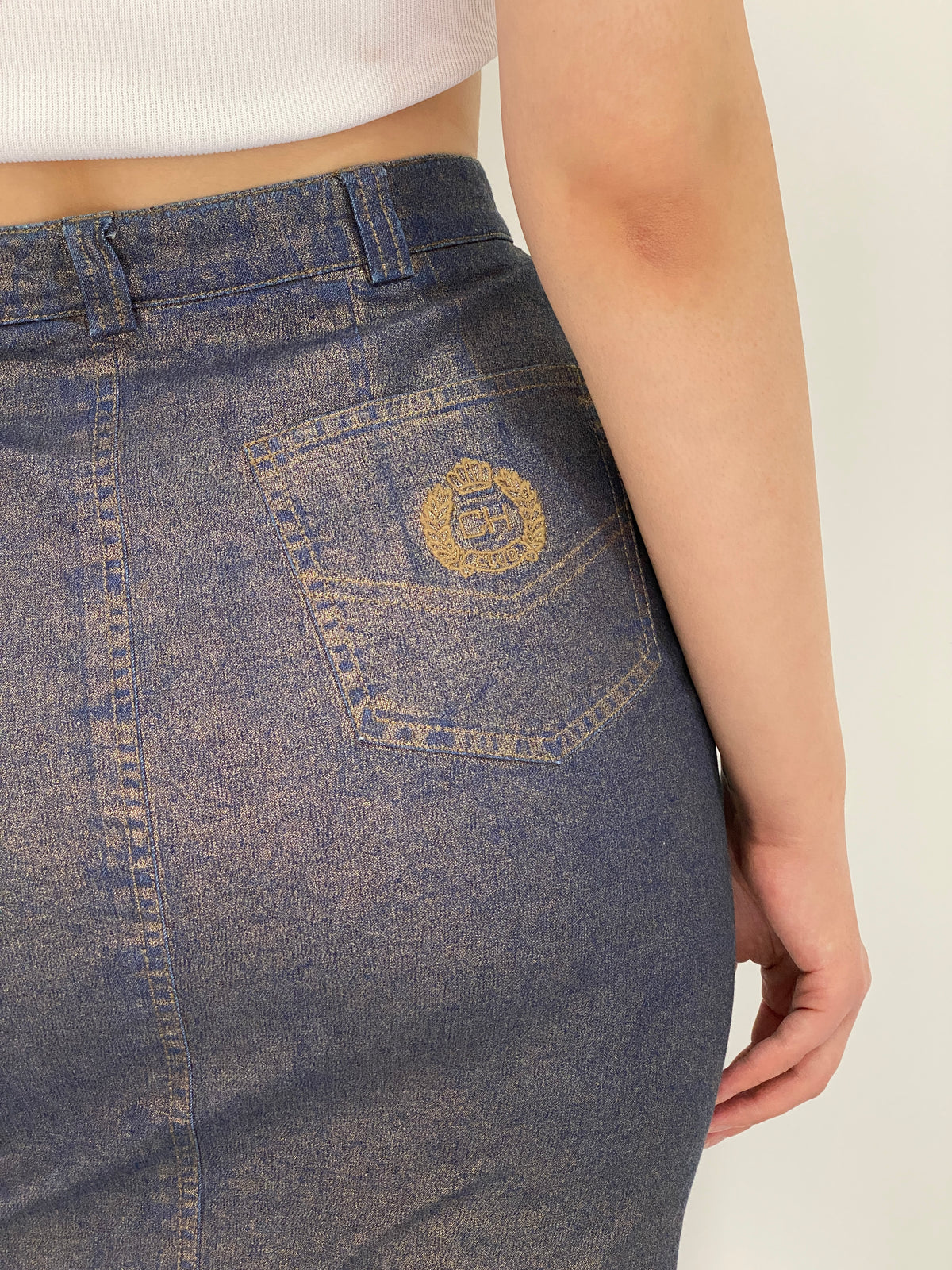 Y2K Catherina Hepher Metallic Gold Blue Denim Pencil Skirt – S