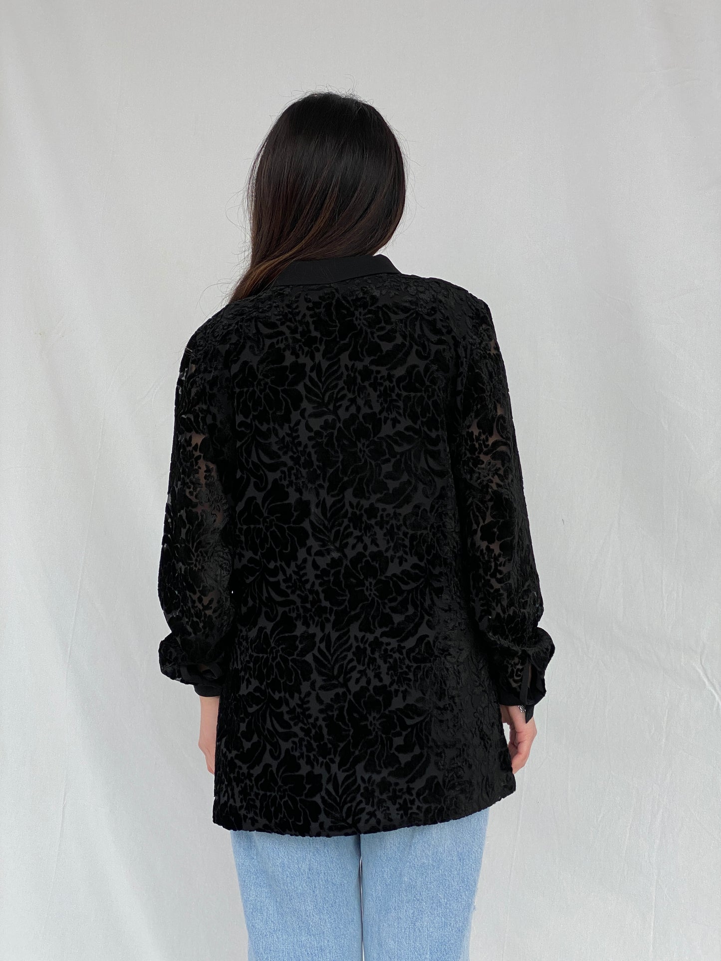 Vintage NYGÅRD Collection Black Velvet & Sheer Women’s Shirt - L
