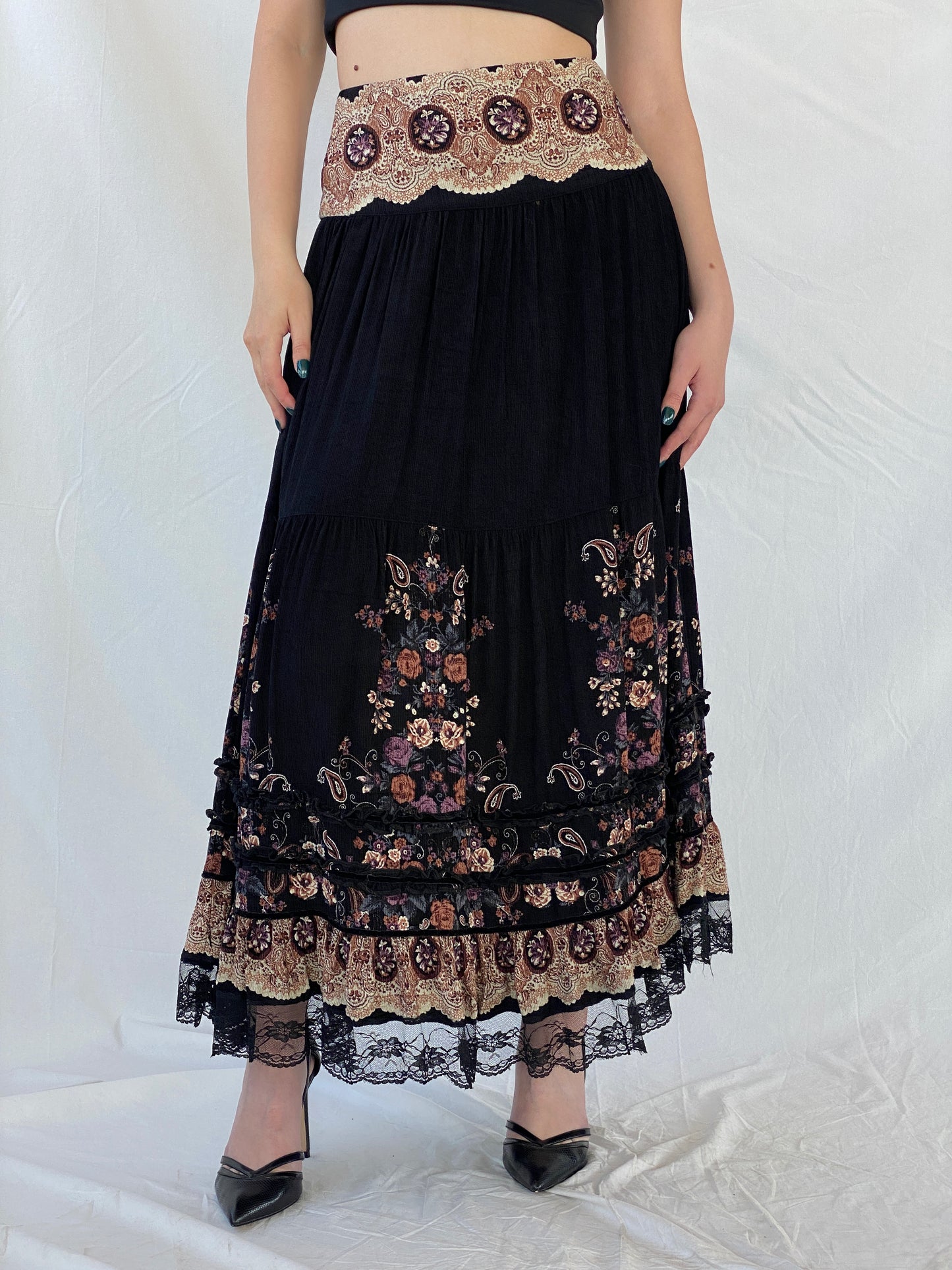 Vintage MOJJIL Black Boho Print Gypsy Maxi Skirt - M