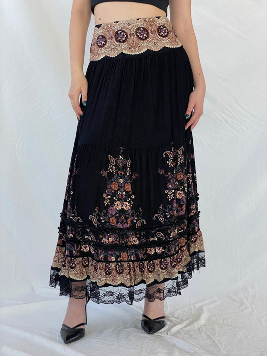 Vintage MOJJIL Black Boho Print Gypsy Maxi Skirt - M