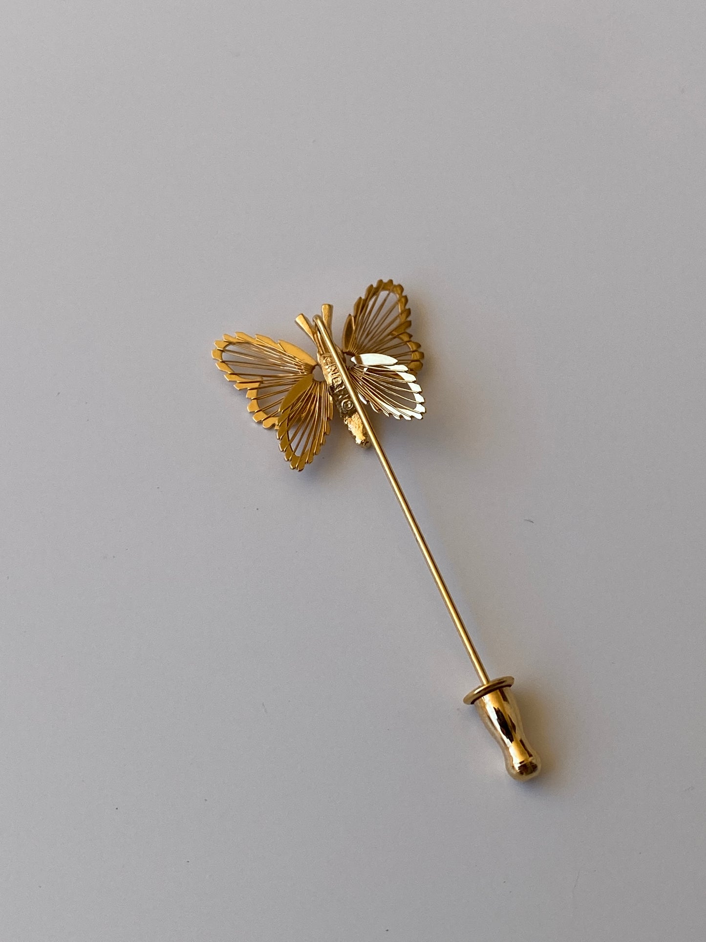 Vintage Monet Butterfly Stick Pin Gold Tone Filigree Insect Brooch