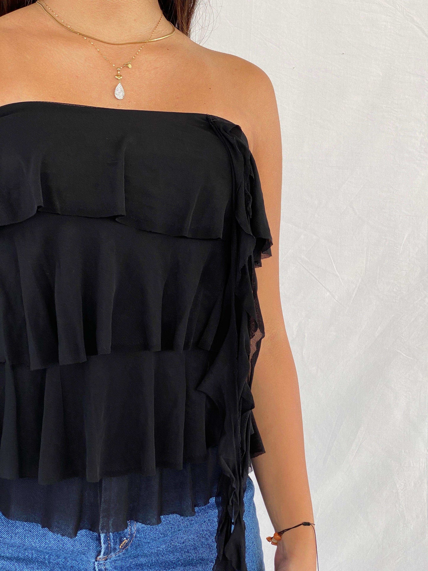 Y2K Supré Ruffled Tube Black Top - Balagan Vintage Sleeveless Top 00s, 90s, NEW IN, Rama