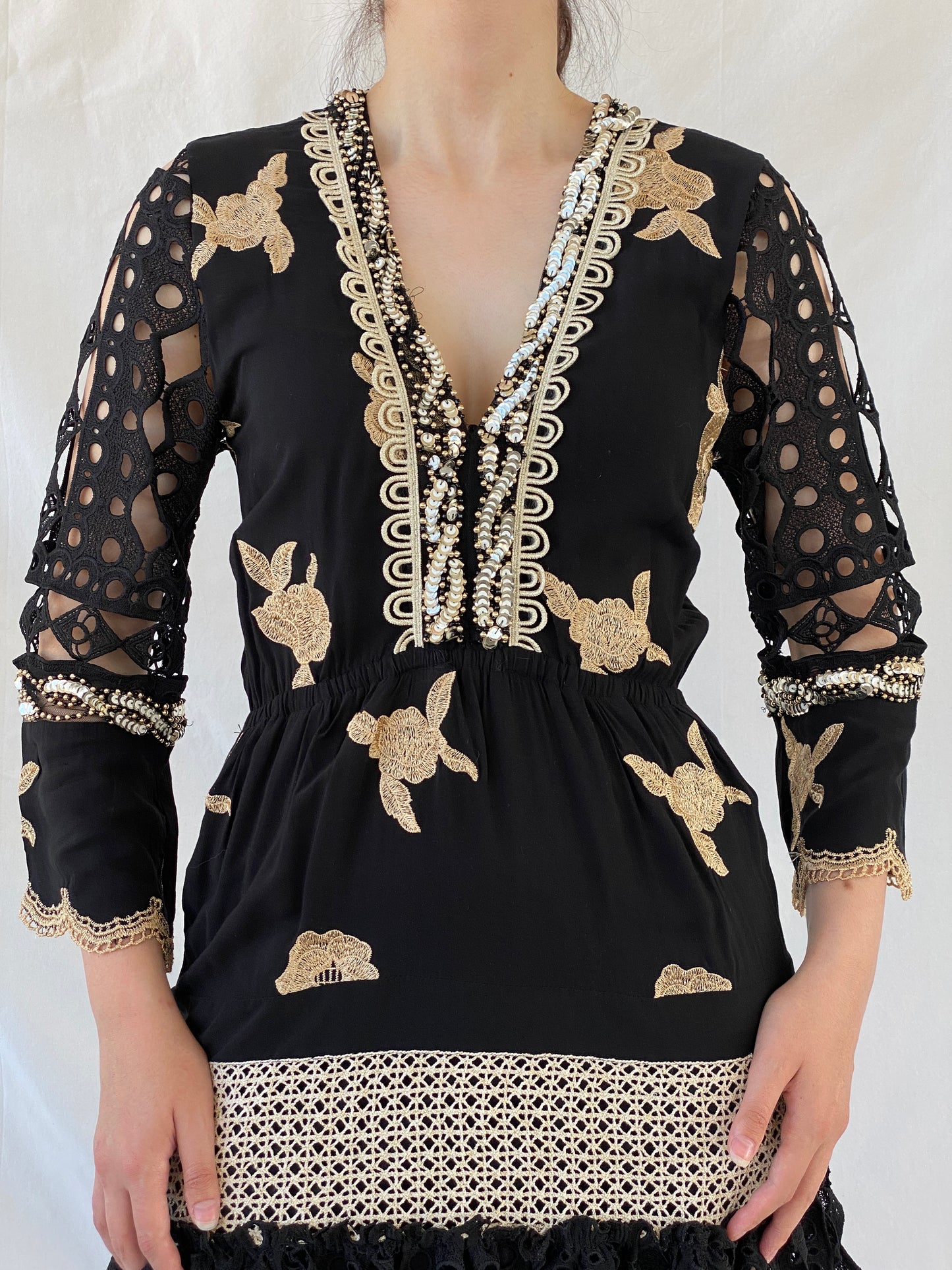 Statement Laurie & Joe Black Boho Core Embellished Indie Short Dress - M