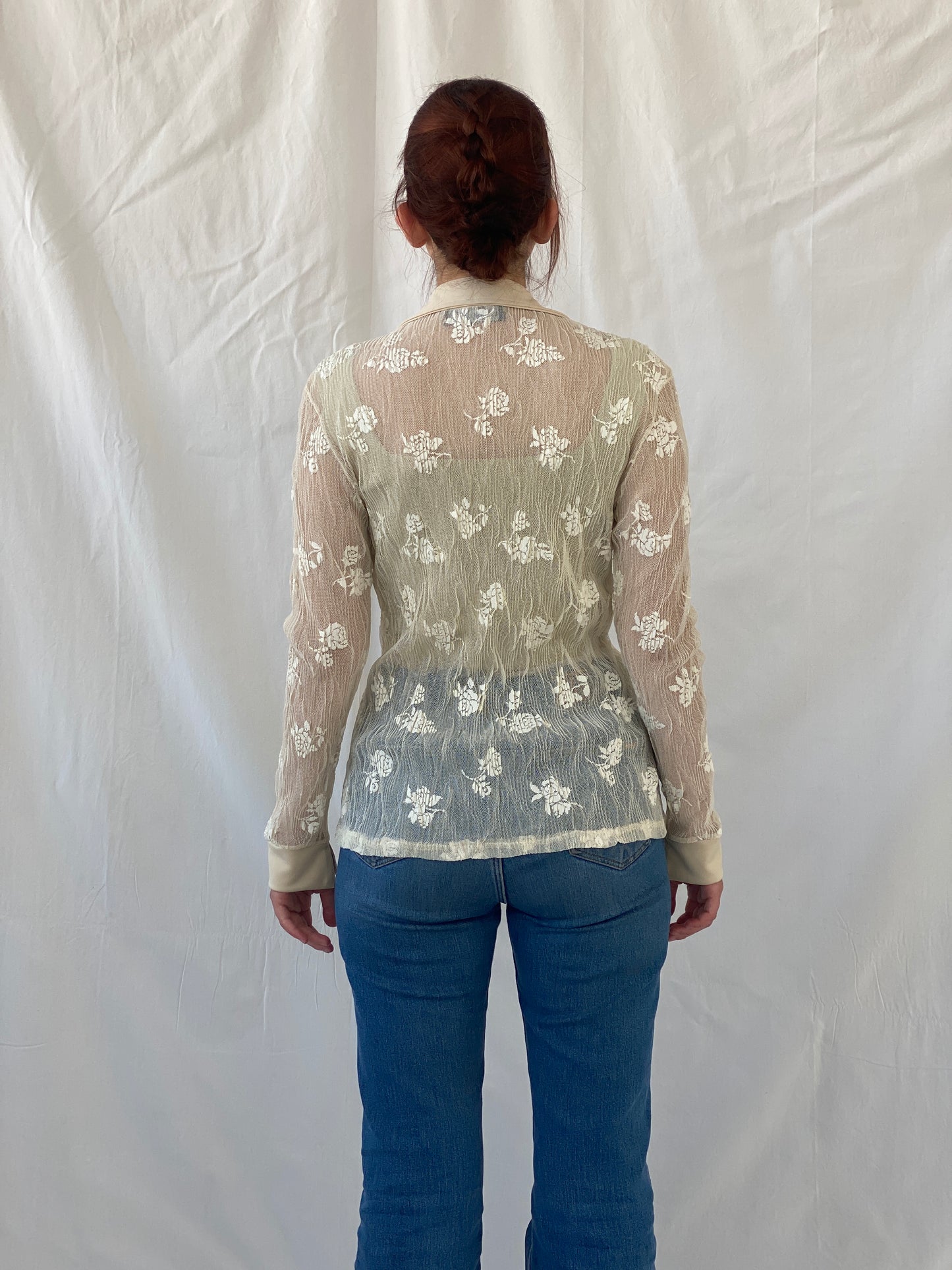 Vintage R&B Rebecca Blu Beige Floral Mesh Cardigan Shirt - M