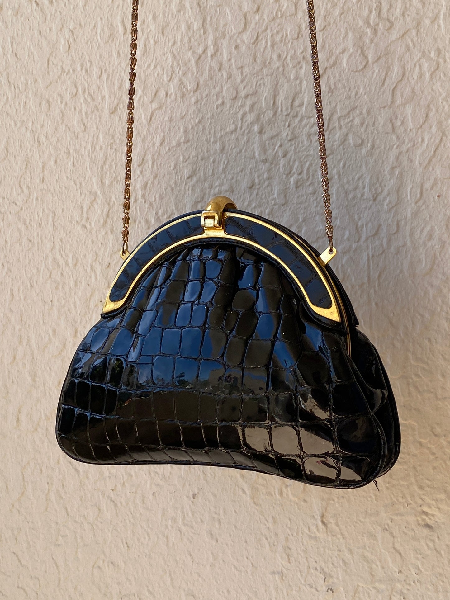 Vintage 1980s Black Croc Embossed Patent Rhinestone Bow Frame Gold Chain Evening Bag
