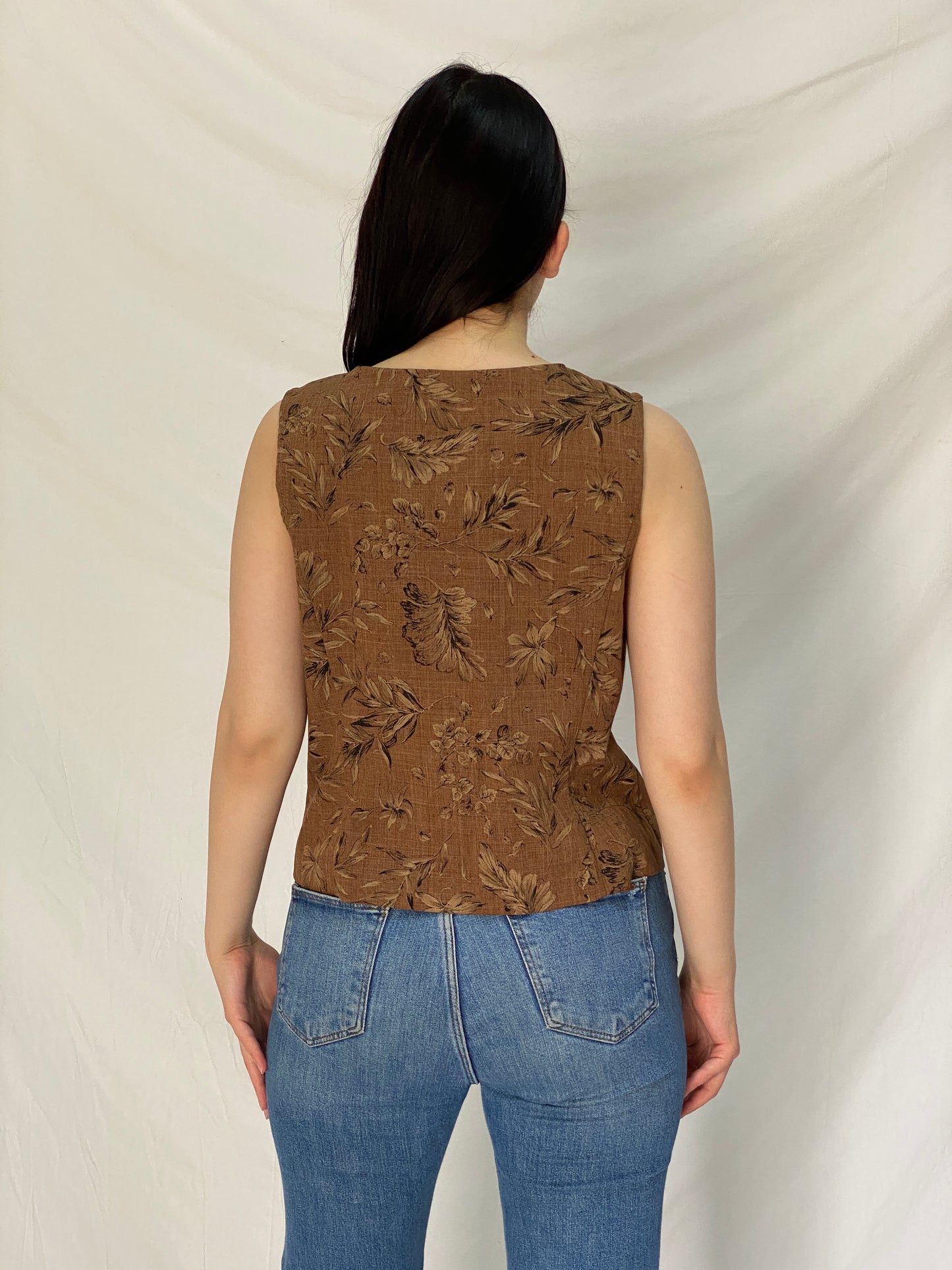 Vintage 90s SAG HARBOR Brown Floral Sleeveless Top Cottagecore Vest – L