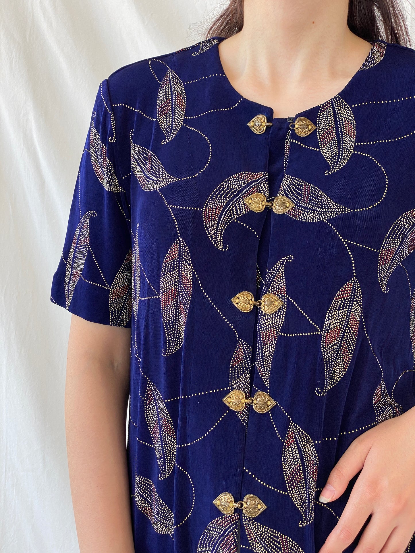 Vintage Navy Blue Gold Leaf Print Cardigan Blouse with Ornate Bronze Clasp Closures - L