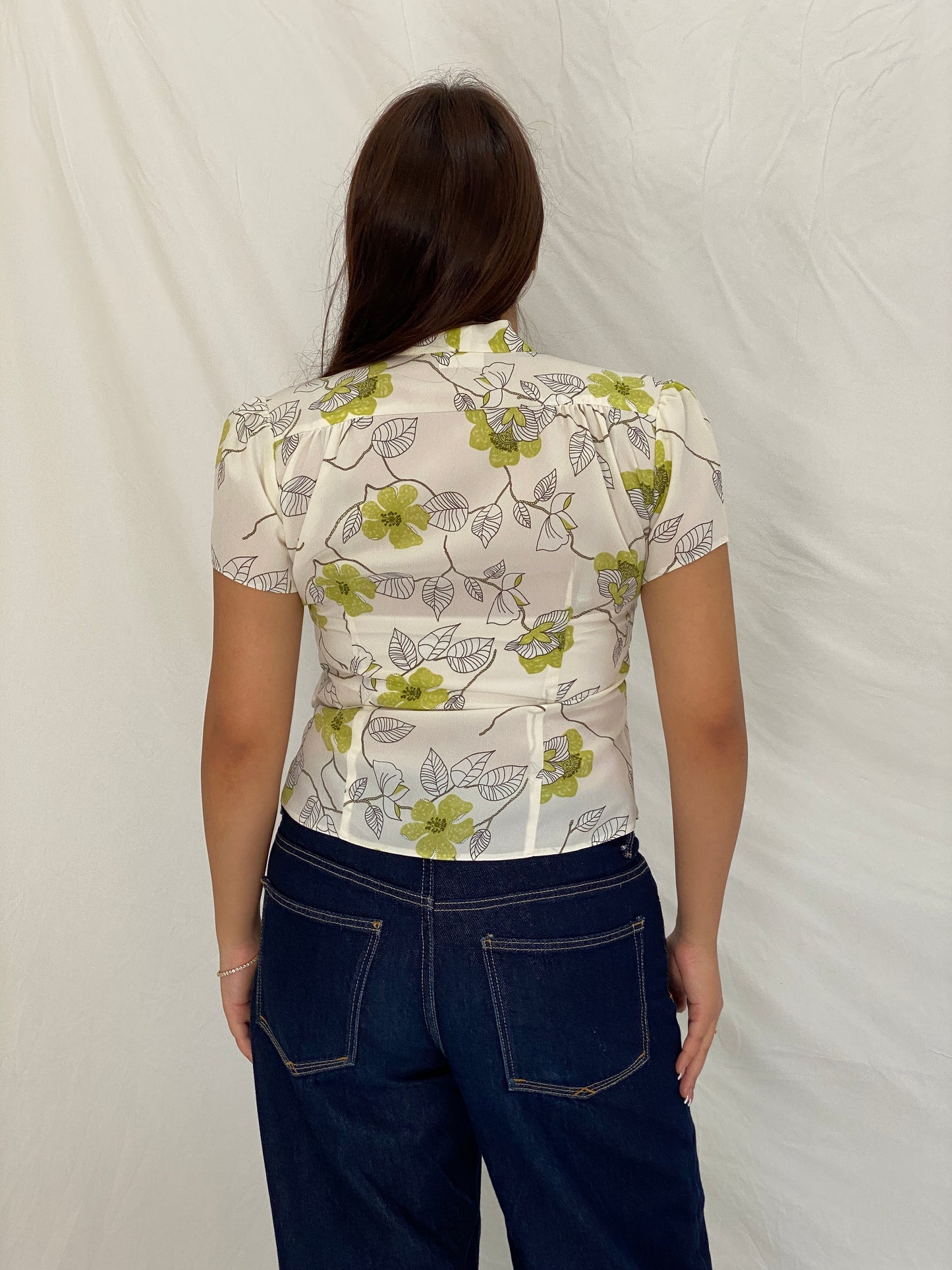 Vintage 1990s Roman Originals Ivory & Lime Green Floral Tie-Neck Blouse - M