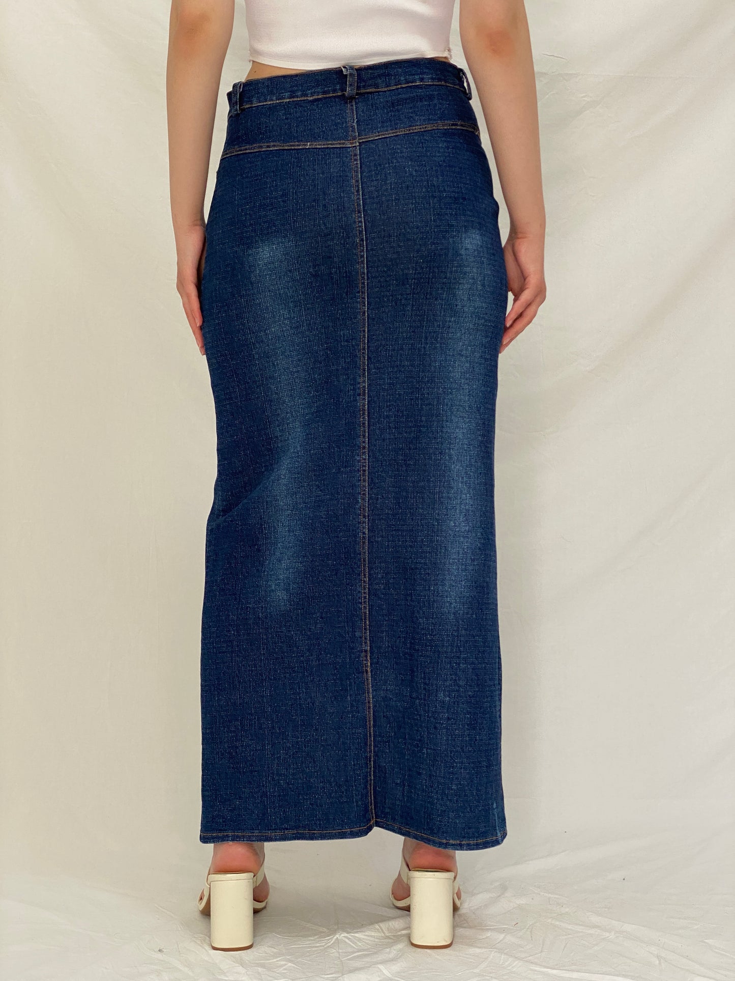 Vintage Y2K Stretch Denim Maxi Skirt Blue Belted Jean Skirt – M