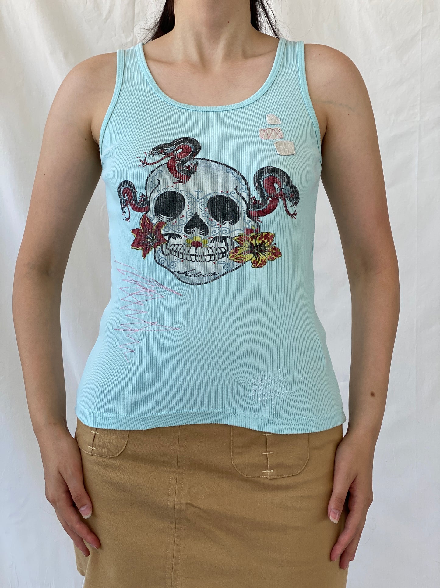 Y2K Seduce Blue Graphic Ribbed Tank Top - S