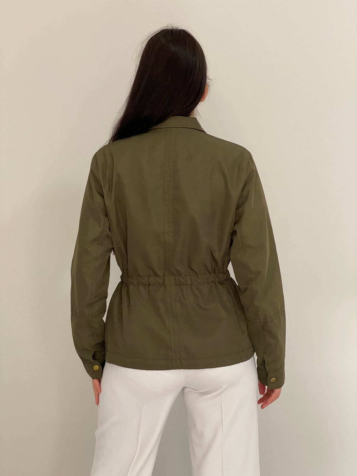 Vintage Y2K Ellos Olive Green Utility Jacket with Drawstring Waist - L