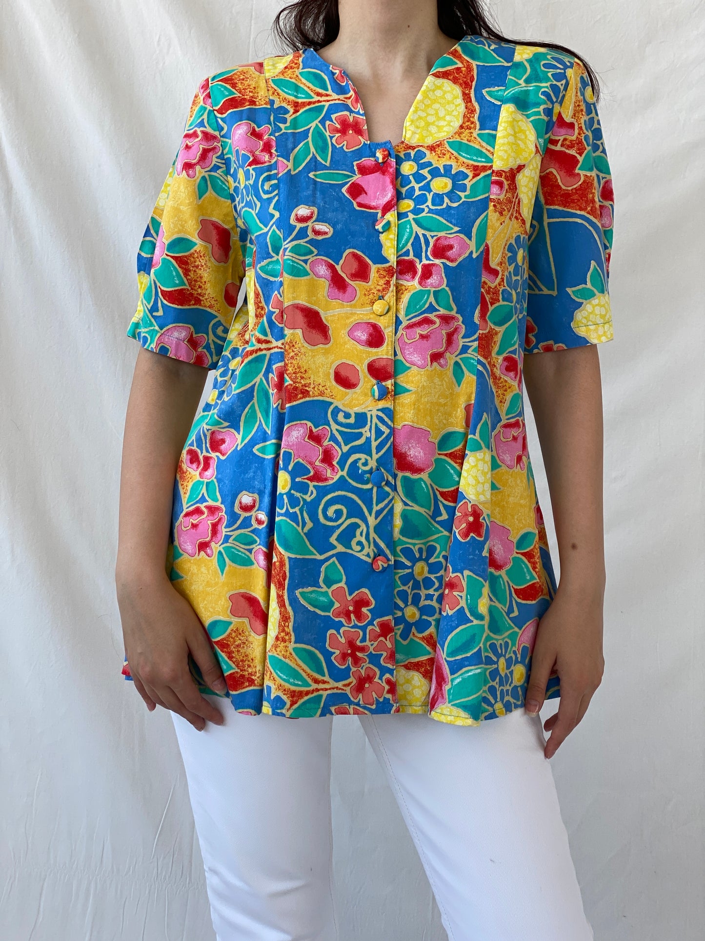 Statement Vintage Bella Donna Yellow Blue Colorful Floral Short Sleeve Women’s Shirt - L