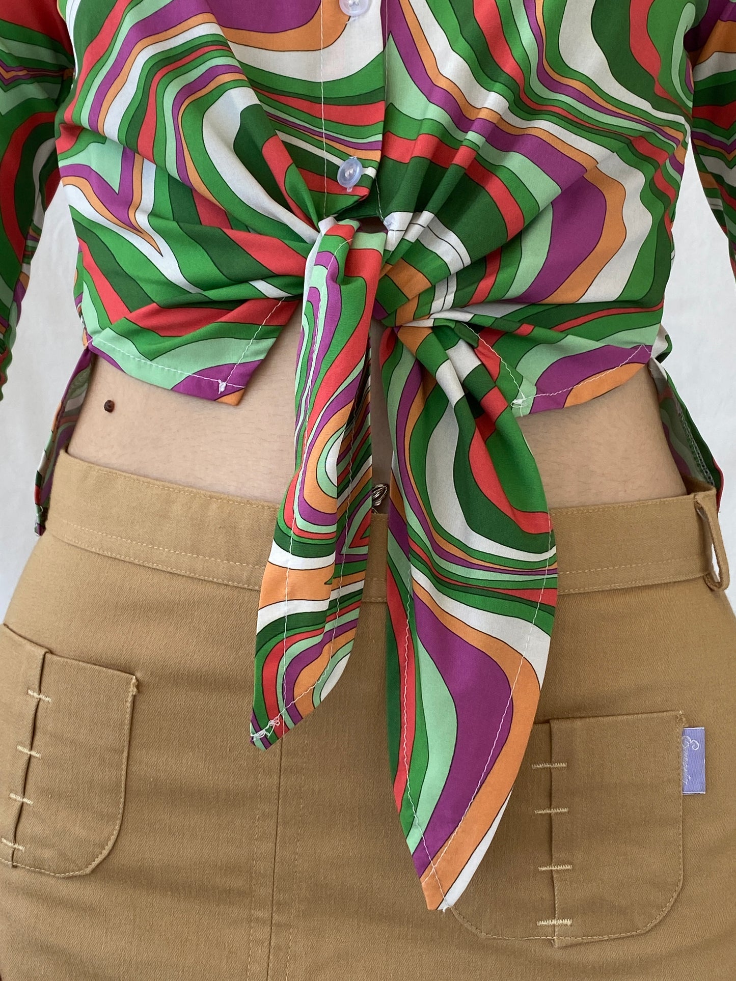 Vintage Psychedelic Print Shirt 70s Style Swirl Tie Front Blouse - M
