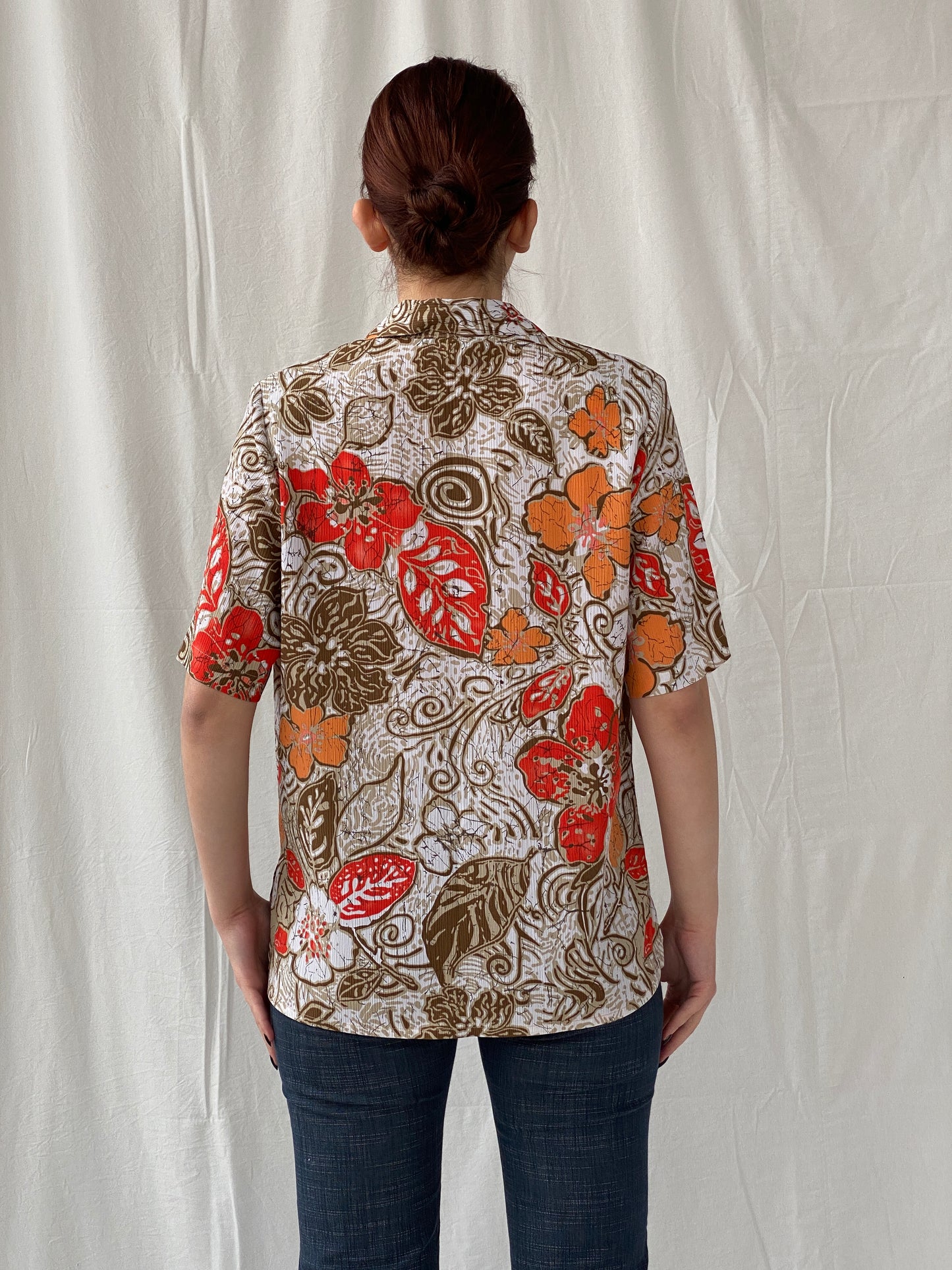 Vintage ALIA Orange Floral Women’s Short Sleeve Button Up Hawaiian Shirt - M
