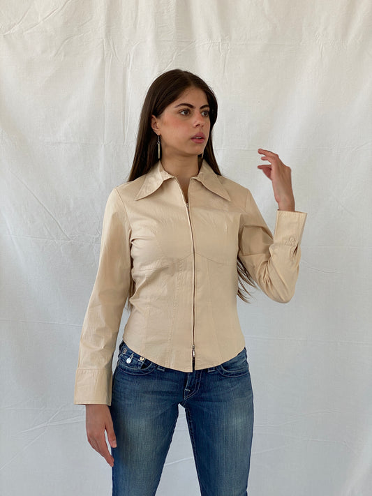 قميص Y2K Lamie Beige Structured Office Core بسحاب وأكمام كاملة - M