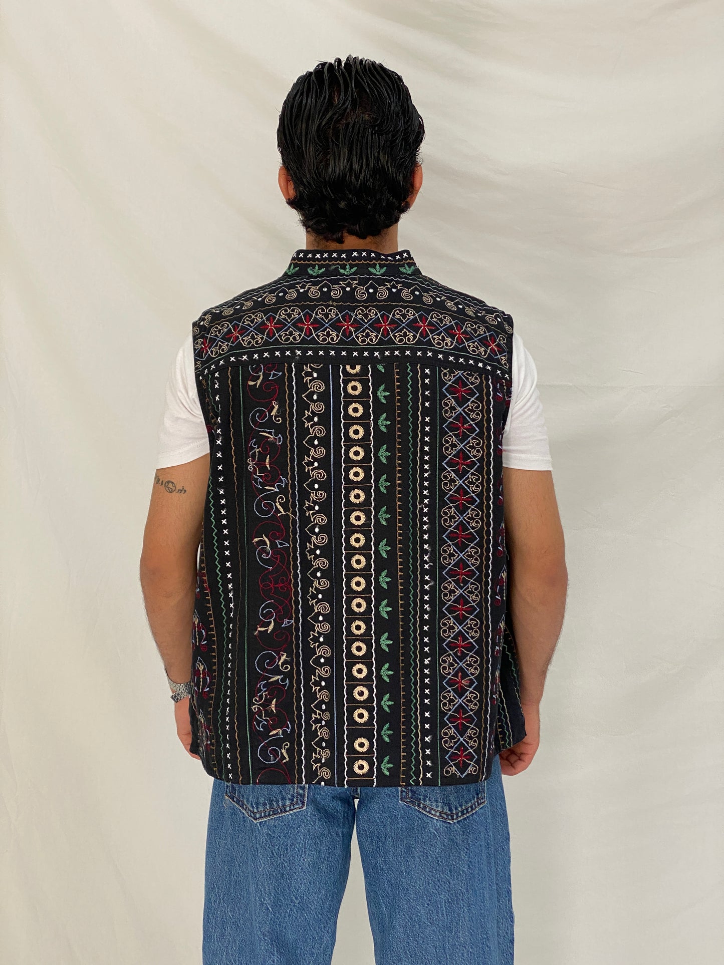 Vintage Tribal Embroidered Black Cotton Vest Oversized Boho Folk Waistcoat - L