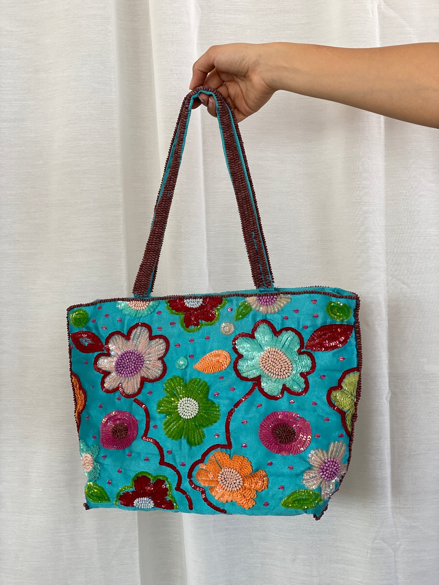 Beautiful Blue Satin Floral Sequined Beaded Strap Tote Bag