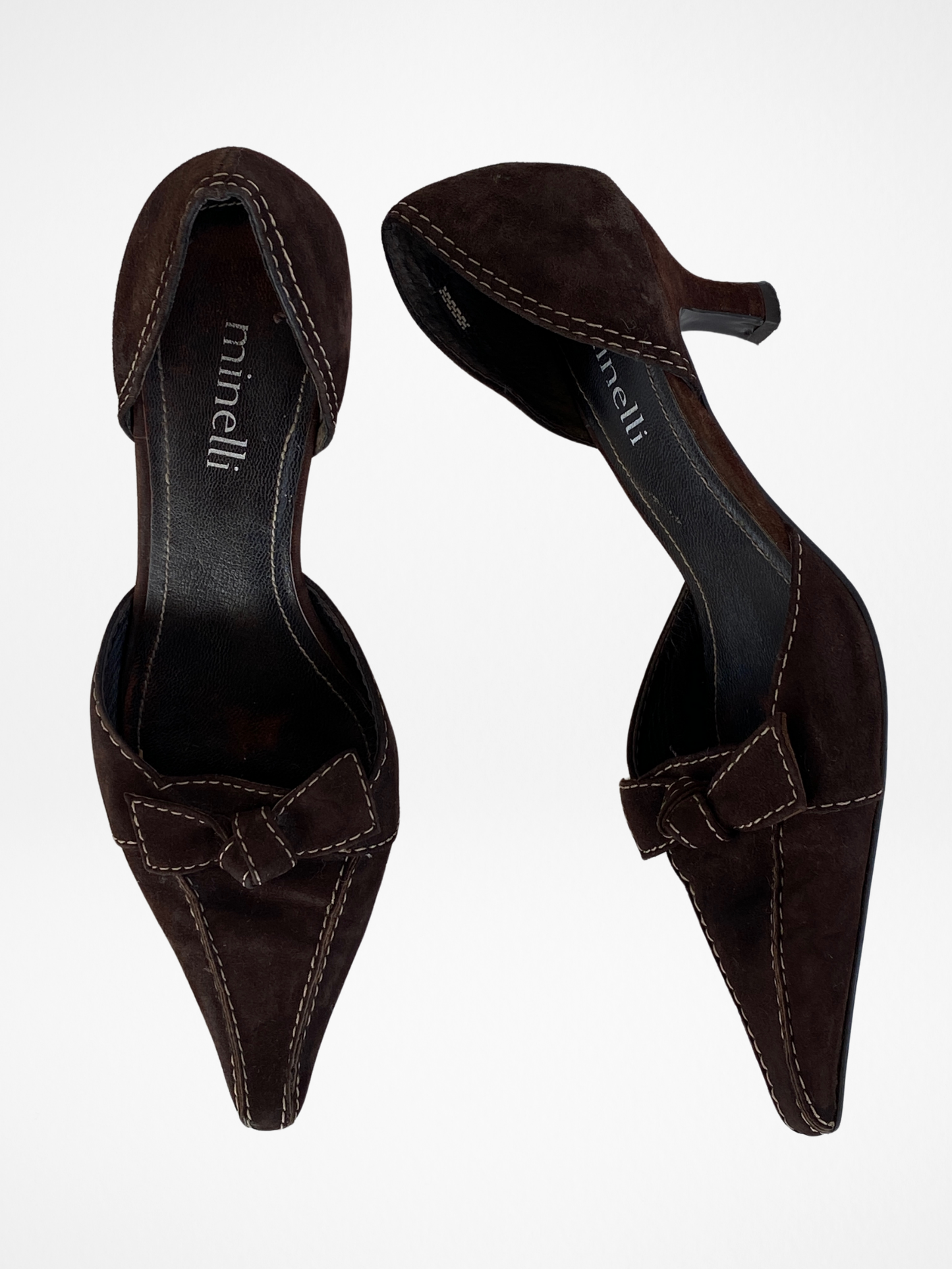 حذاء بكعب قصير من الجلد المدبوغ البني من Minelli Vintage مع عقدة أمامية وخياطة كبيرة