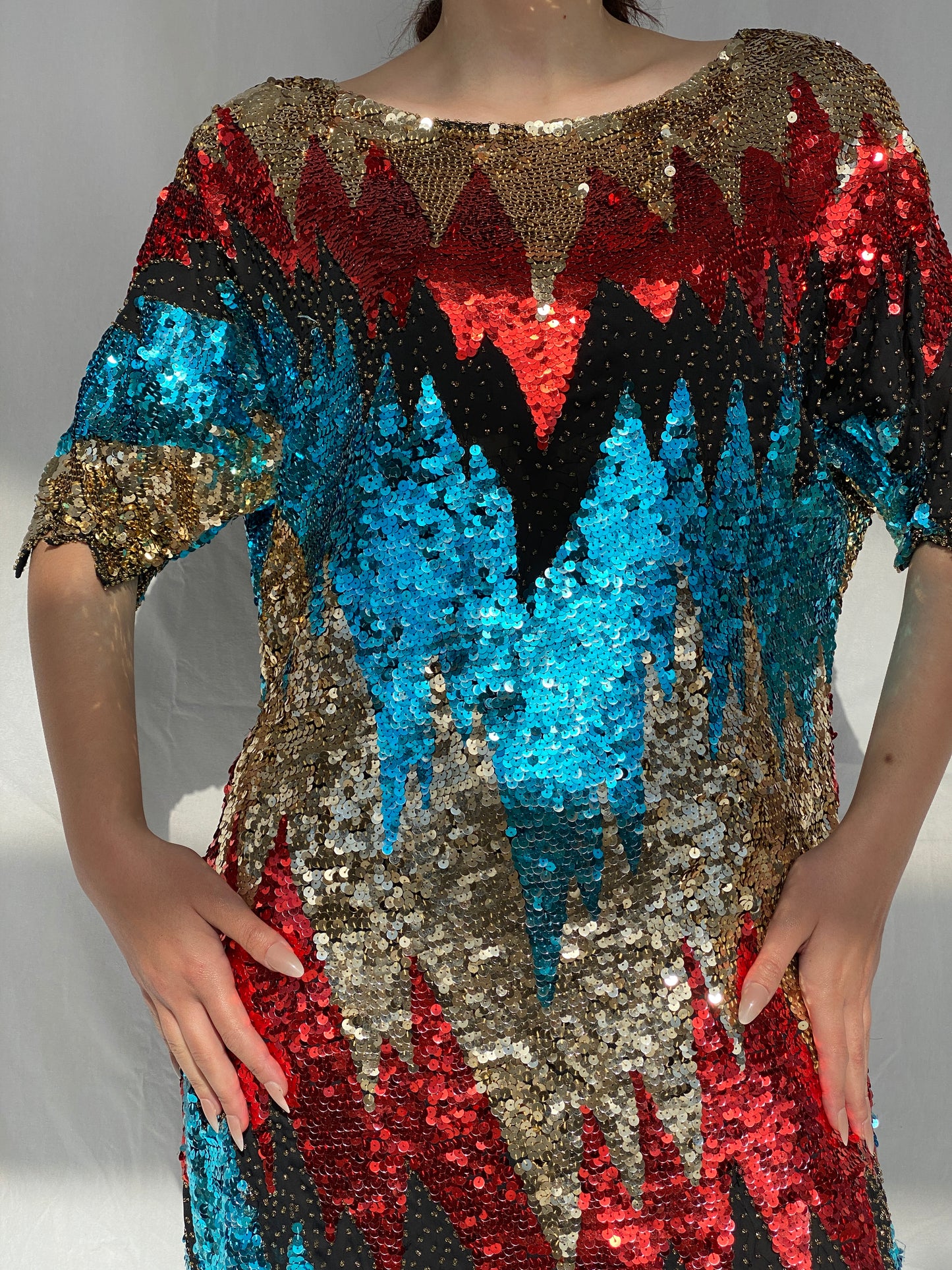 Vintage Iris Zig Zag Sequin and Sheer Midi Party Dress - L