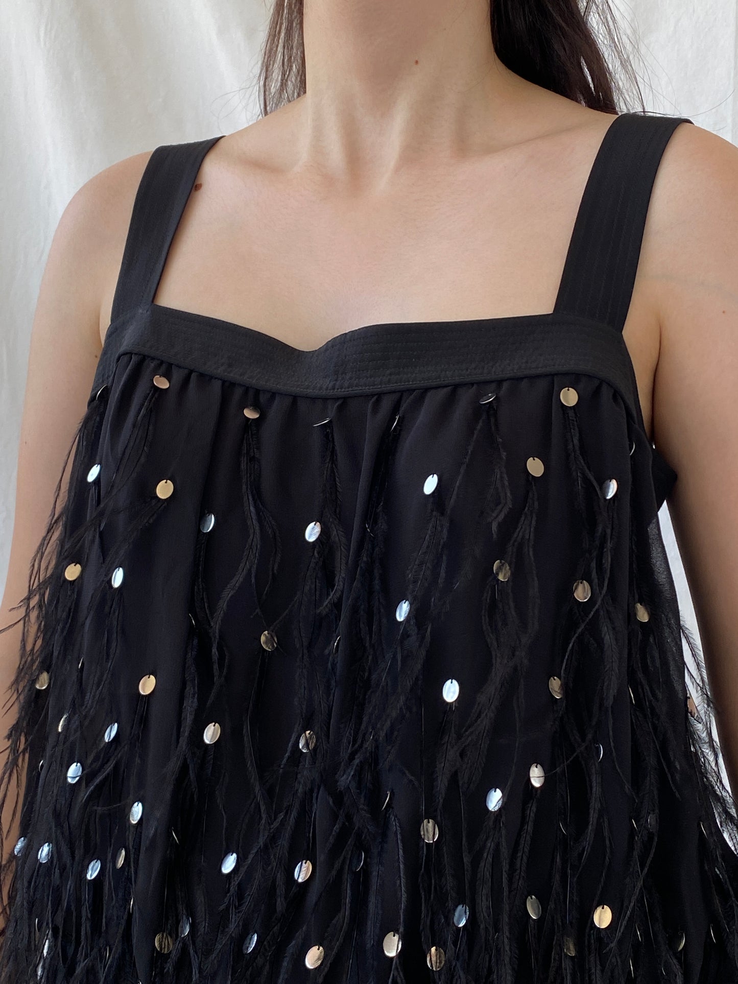 NWT Vintage FÉRAUD Paris Black Silk Feather Sequin Top - M
