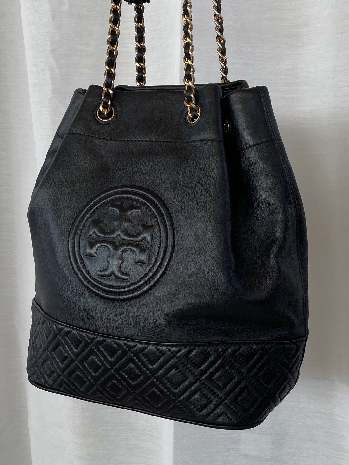 Tory Burch Black Leather Fleming Mini Bucket Chain Shoulder Bag