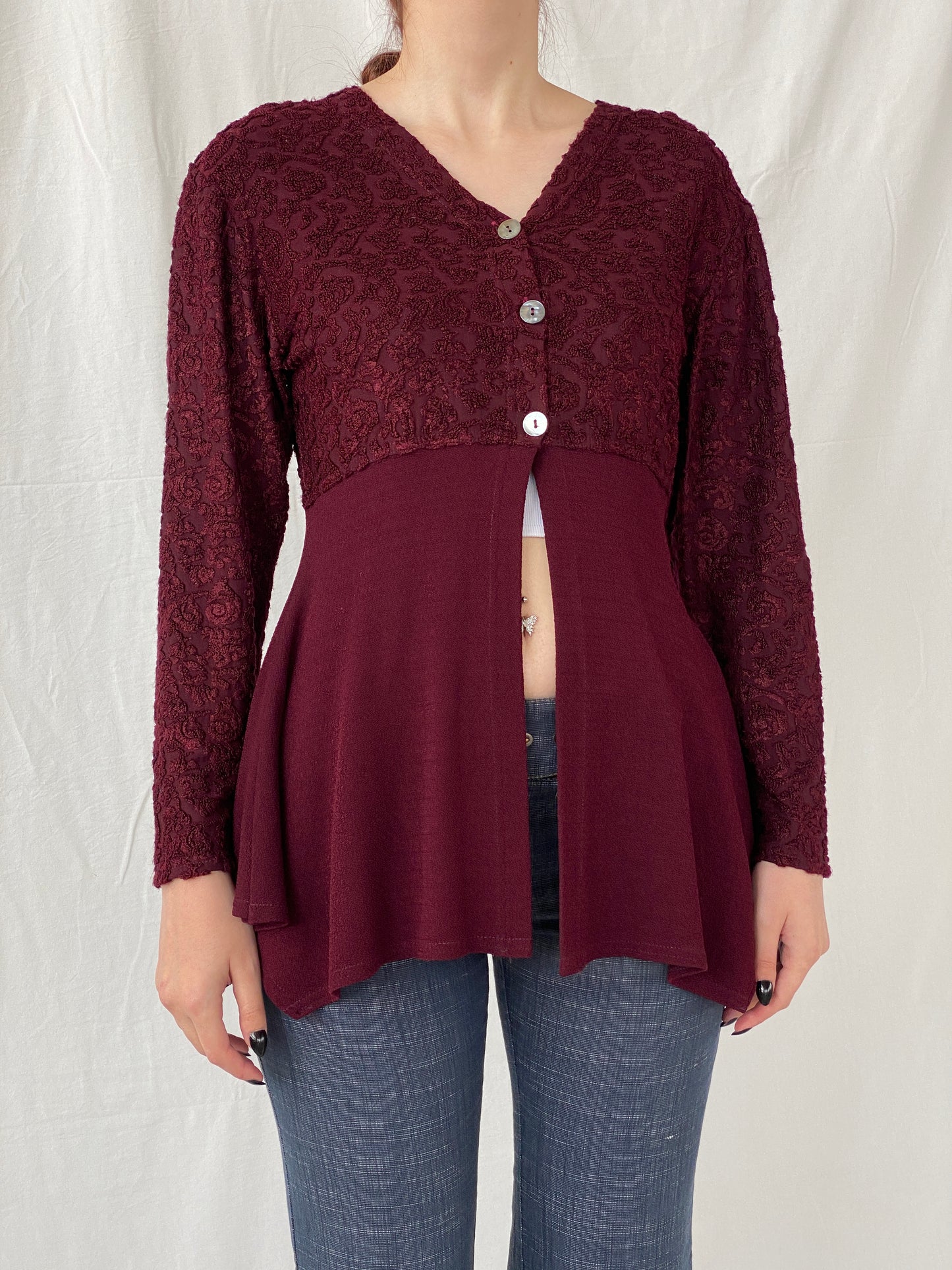 Vintage Vestino Italy Maroon Floral Lace Buttoned Split Cardigan - M