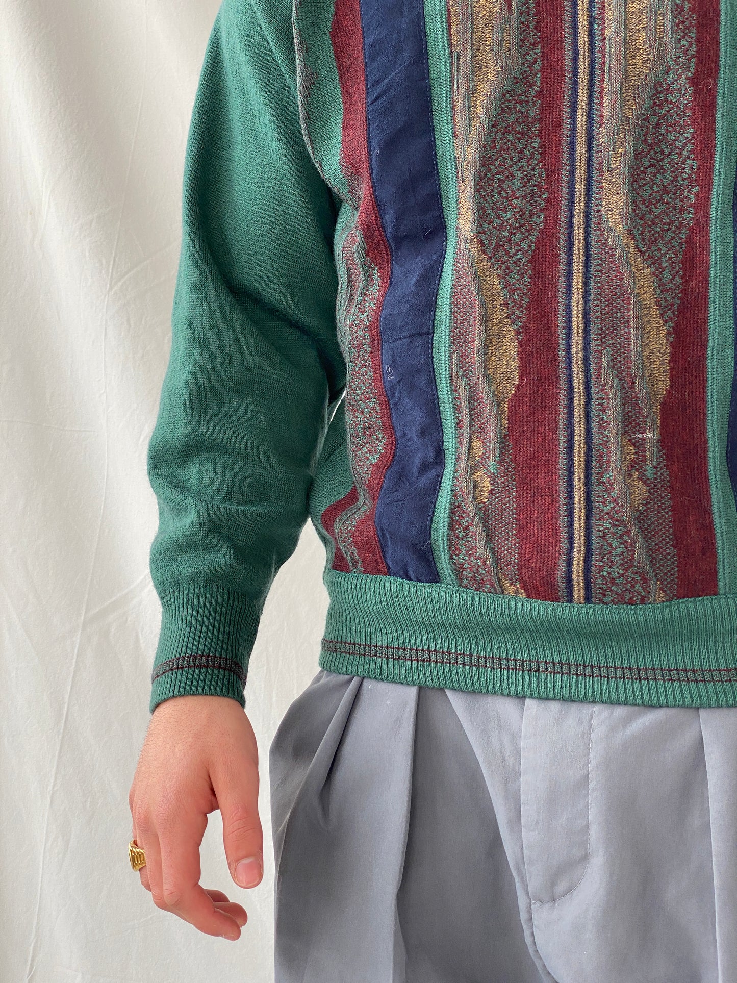 Vintage Summerland Men’s Green 3D Stripe Pattern Coogi-Style Crew Neck Knitted Sweater - M
