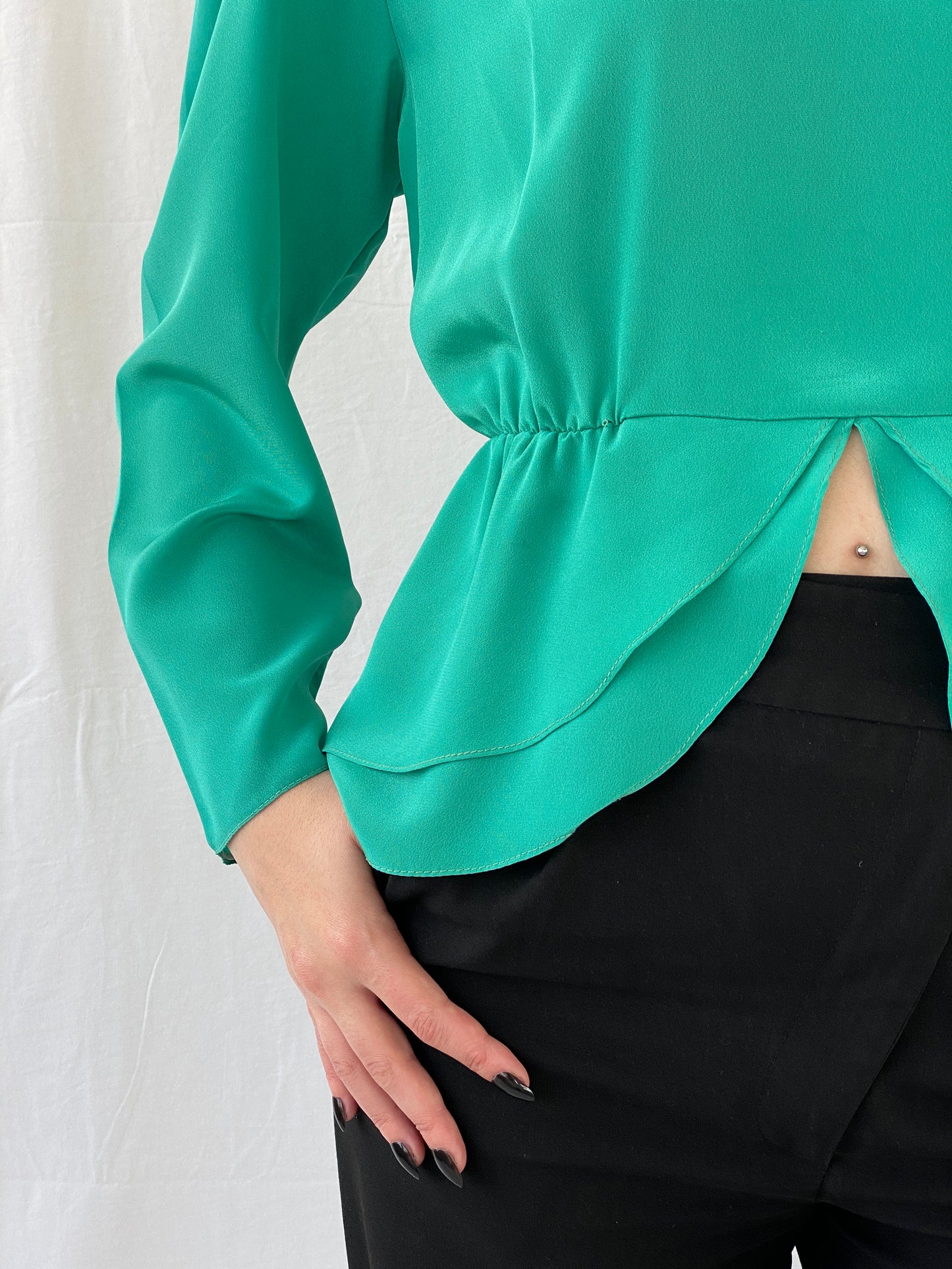 Vintage Doruk Green Embellished Padded Shoulders Long Sleeve Satin Blouse - L