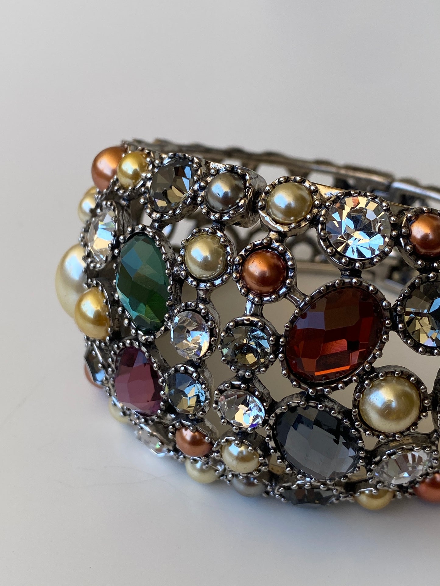 Vintage Jewel Tone Rhinestone Cuff Bracelet Pearl & Crystal Statement Bangle