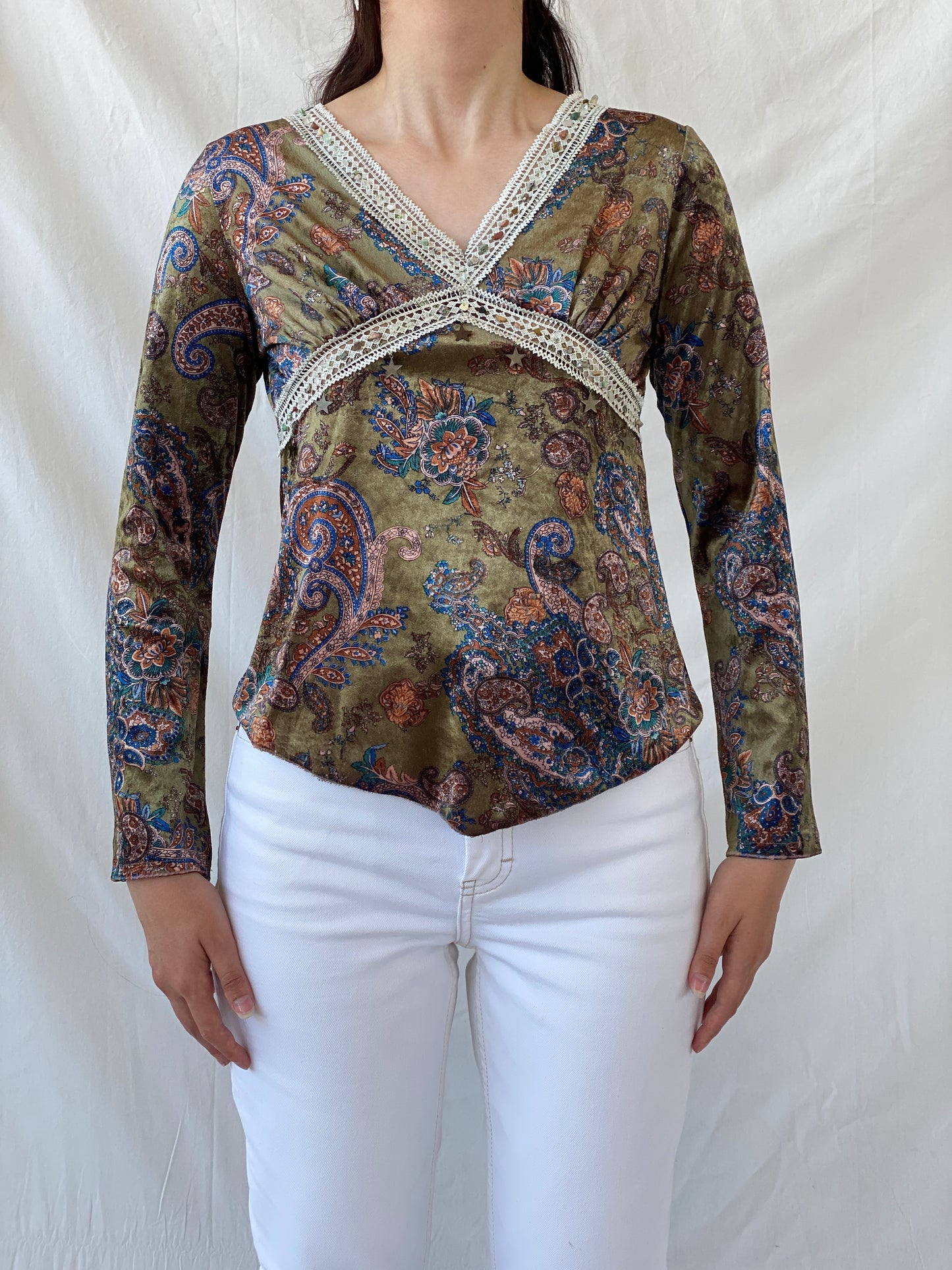 Vintage KLIMAN Collection Green Velvet Paisley Print Beaded Boho Long Sleeve Women’s Top - L