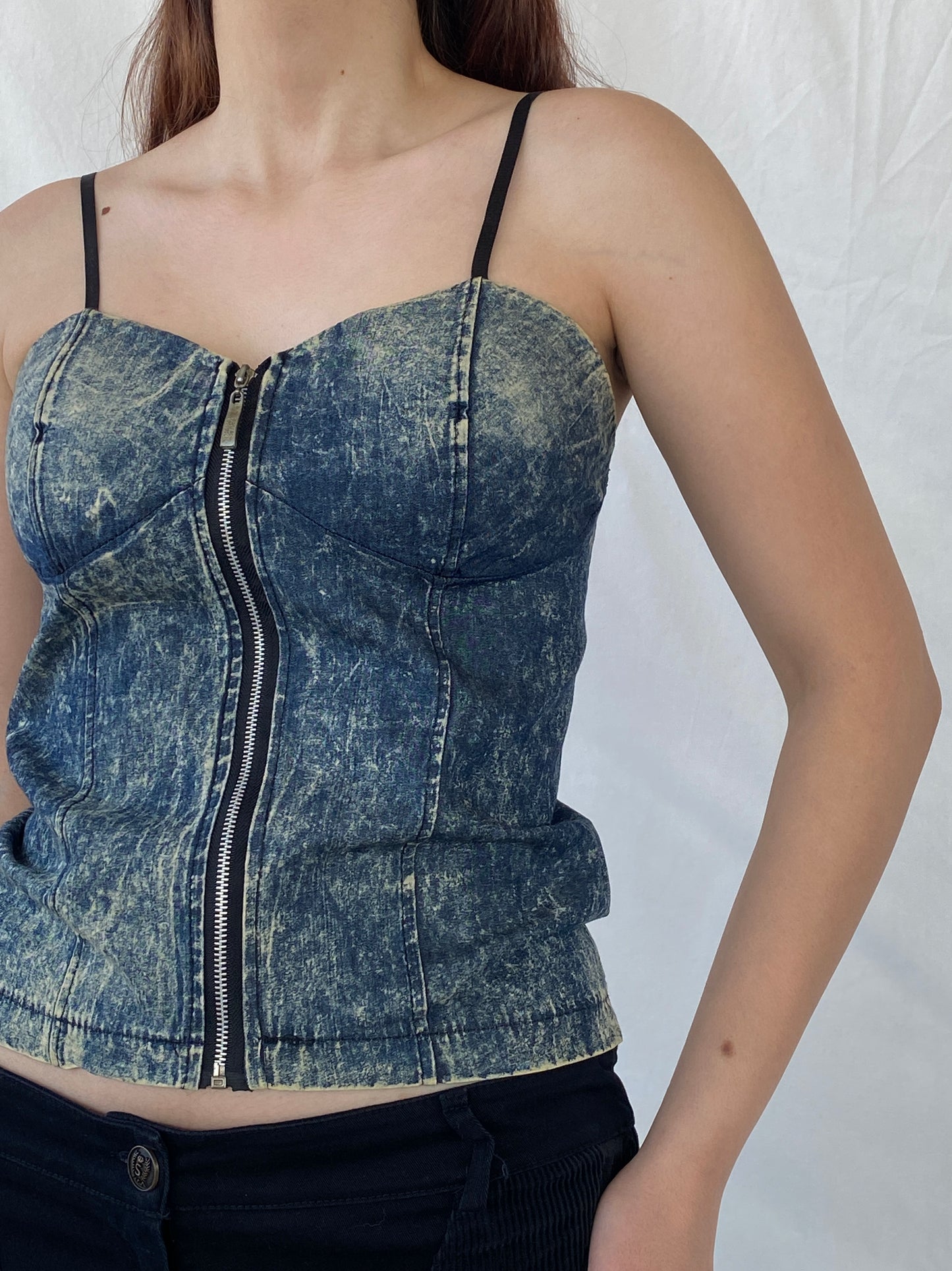 Vintage Wash Denim Blue Corset with Zipper and Adjustable Straps - M
