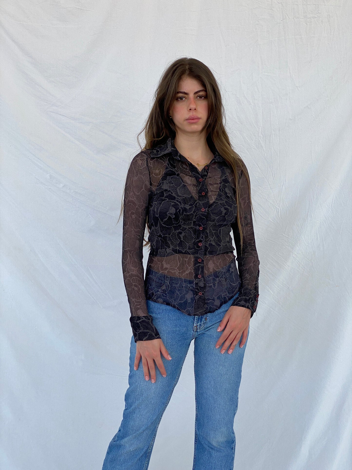 قميص Y2K باتيك زهري شفاف بني بأزرار - مقاس صغير