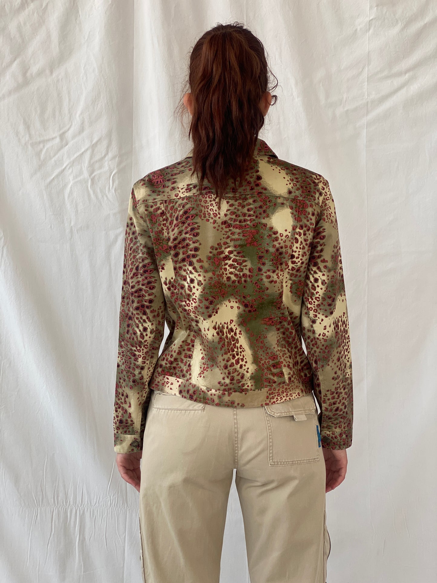Vintage August Silk Logic Beige Red Animal Print Light Cotton Jacket - M