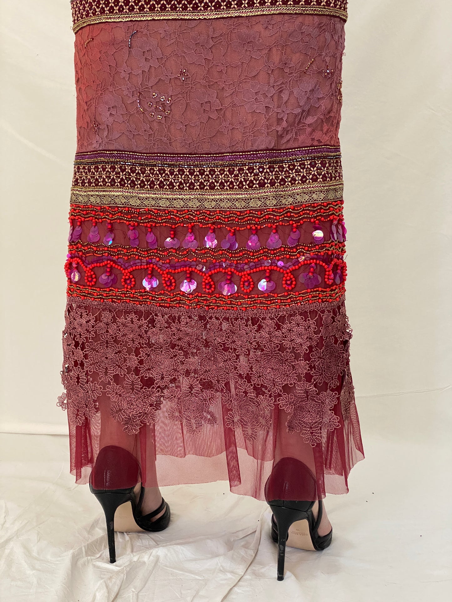 BRITISHINDIA Limited Edition Embellished Lace Maxi Skirt with Beaded Panels & Side Slit -S