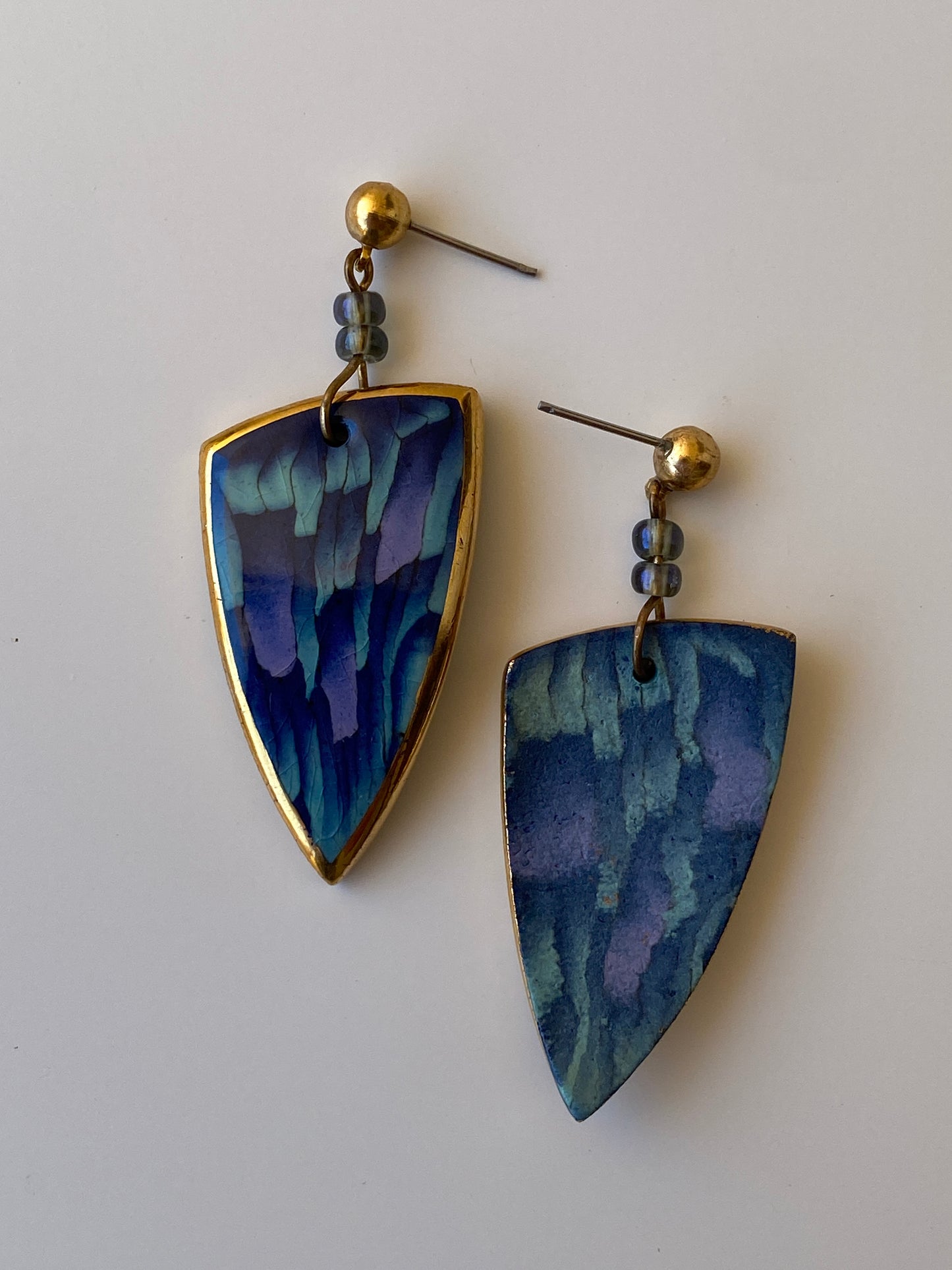Vintage Abstract Enamel Drop Earrings Blue Geometric Shield Dangle Earrings